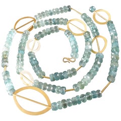 1980s Sabine Strobel Post-Modernist Aquamarine Gold Long Chain Necklace Sautoir
