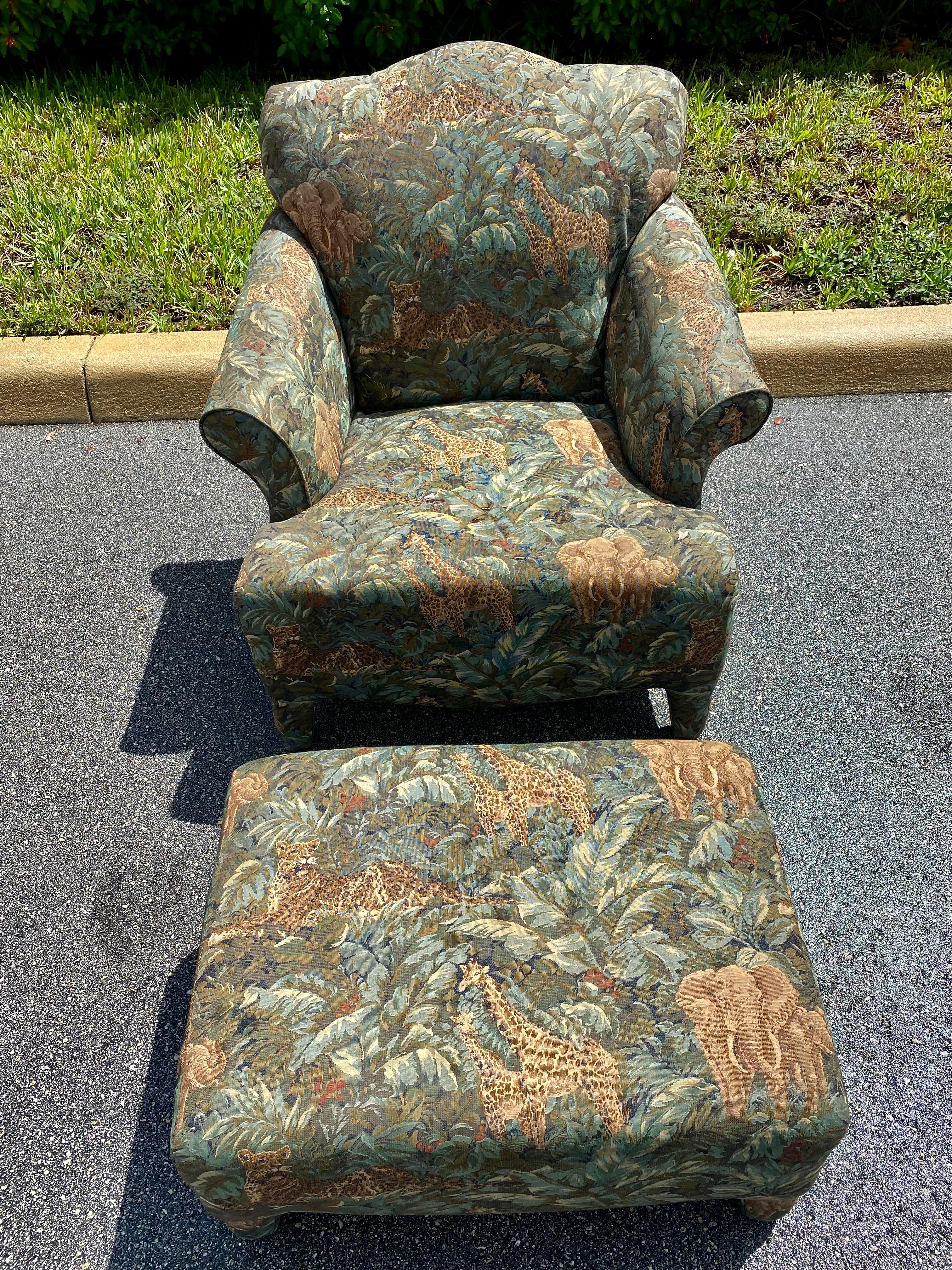 1980s Safari Tapestry Attributed to Donghia Luciano Chair and Ottoman Set of 2 For Sale 3