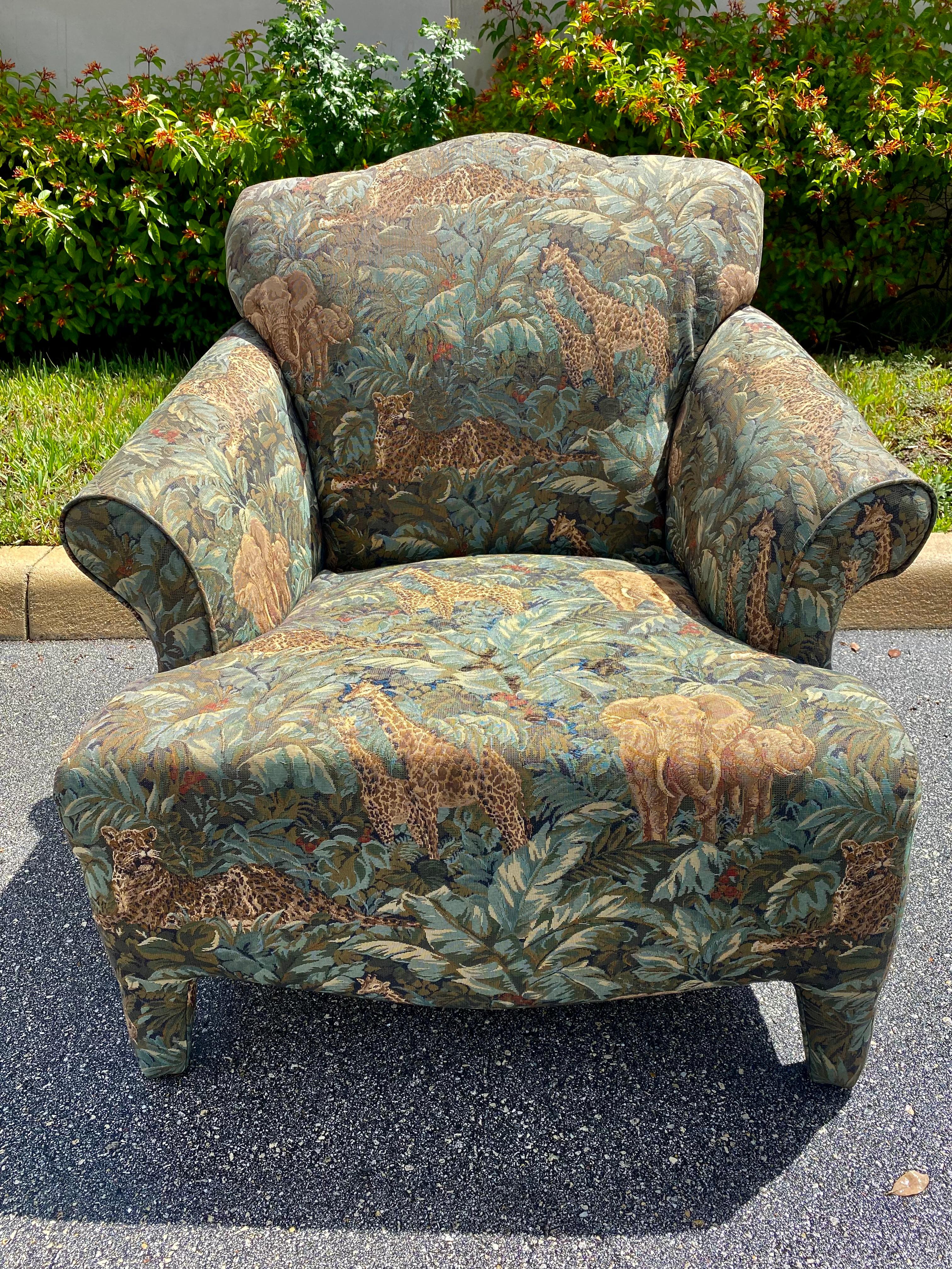 1980s Safari Tapestry Attributed to Donghia Luciano Chair and Ottoman Set of 2 For Sale 4