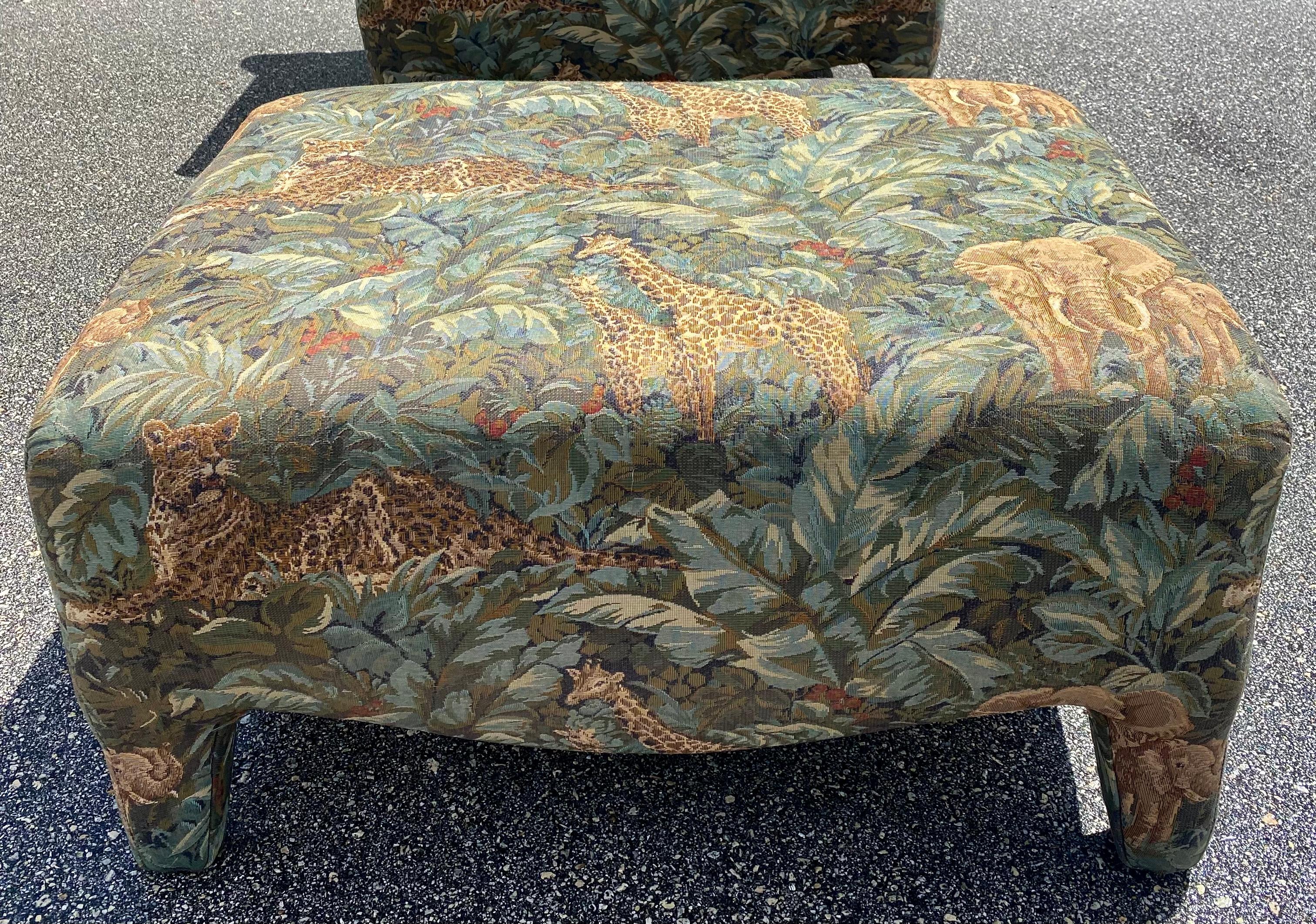 1980s Safari Tapestry Attributed to Donghia Luciano Chair and Ottoman Set of 2 For Sale 5