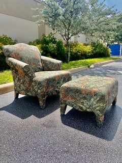 1980s Safari Tapestry Attributed to Donghia Luciano Chair and Ottoman Set of 2