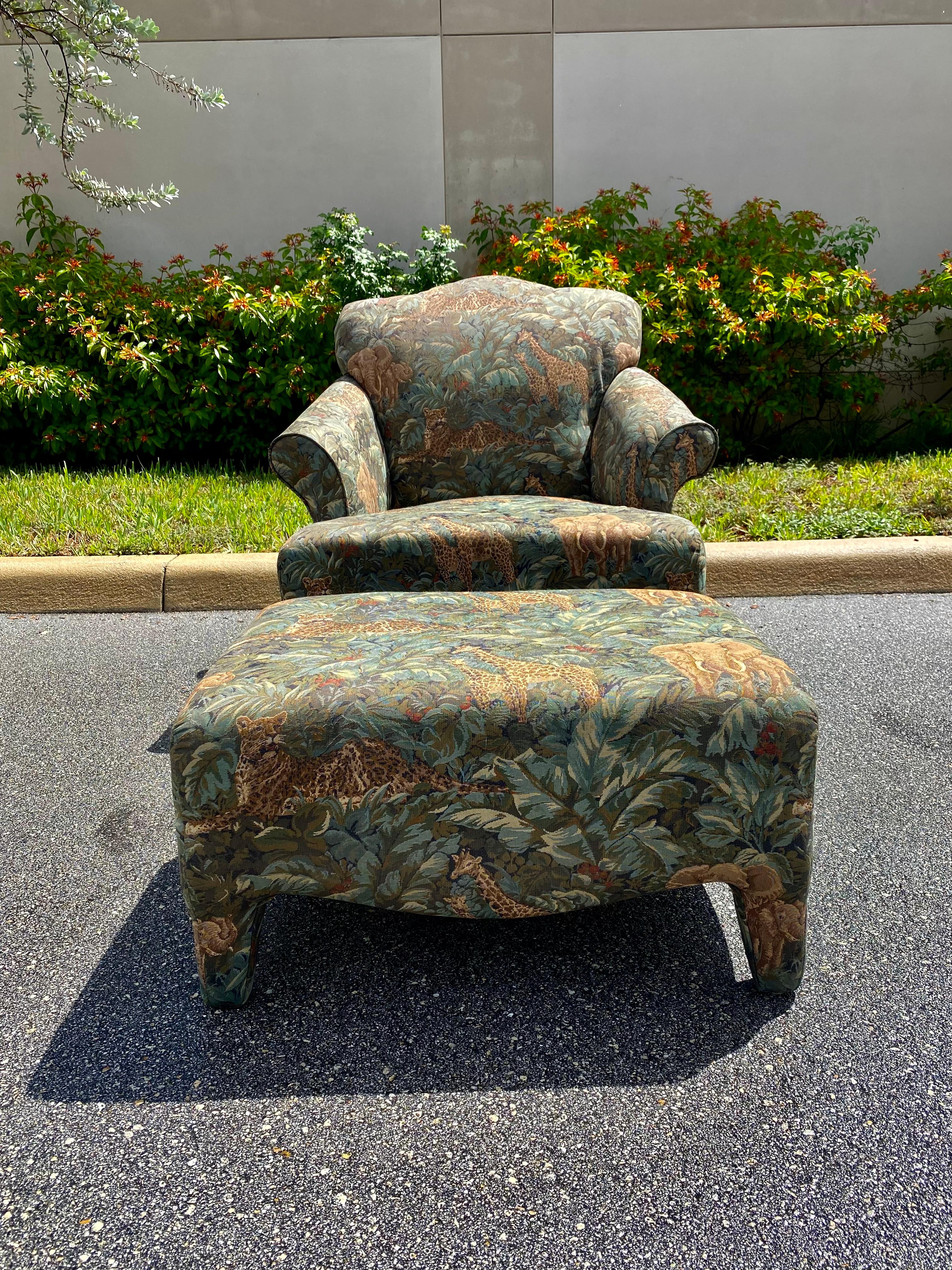 Tapiz Safari de los años 80 Atribuido a Donghia Luciano Silla y otomana Juego de 2 Posmoderno en venta