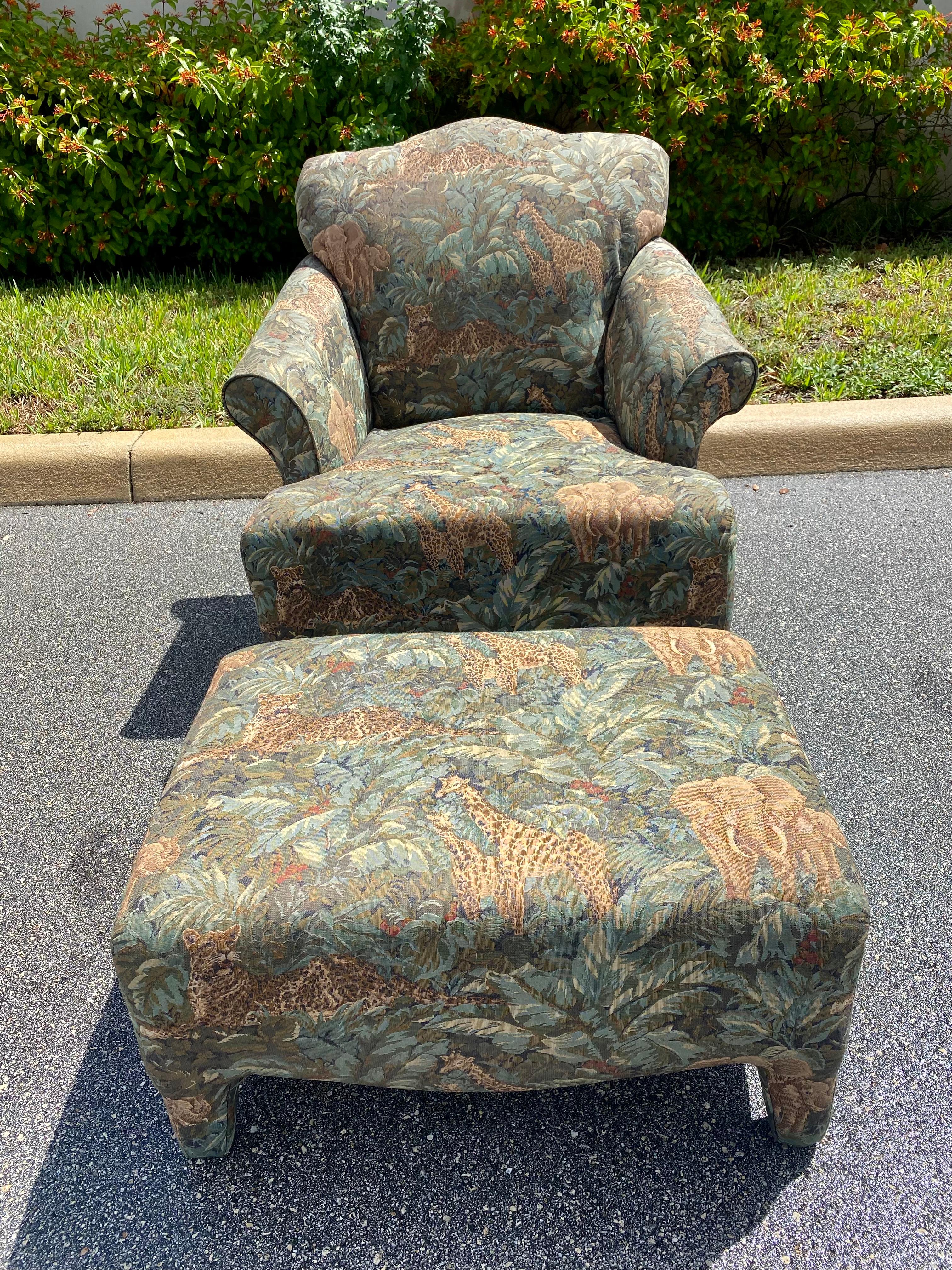Post-Modern 1980s Safari Tapestry Attributed to Donghia Luciano Chair and Ottoman Set of 2 For Sale