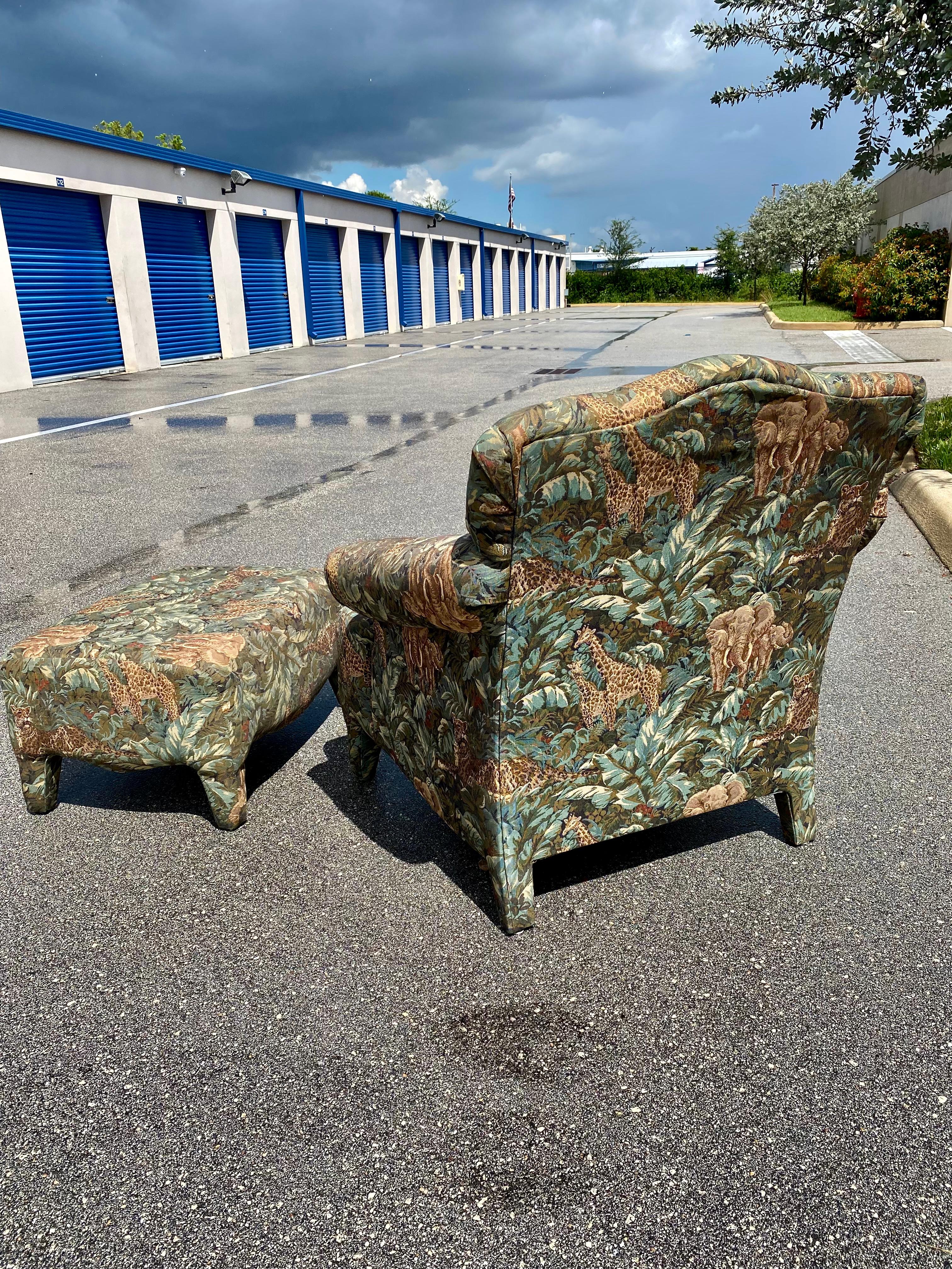 American 1980s Safari Tapestry Attributed to Donghia Luciano Chair and Ottoman Set of 2 For Sale