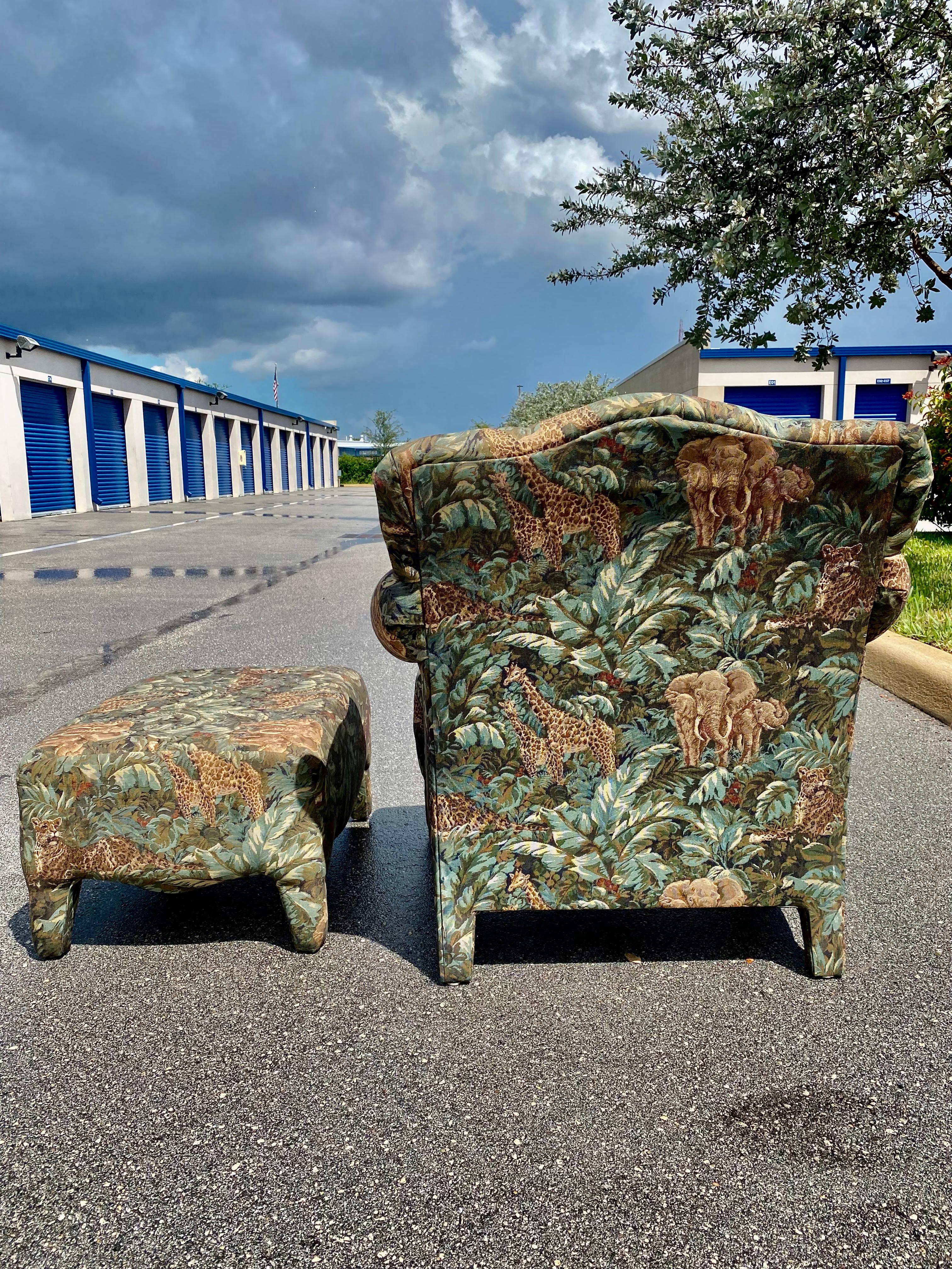 1980s Safari Tapestry Attributed to Donghia Luciano Chair and Ottoman Set of 2 In Good Condition For Sale In Fort Lauderdale, FL