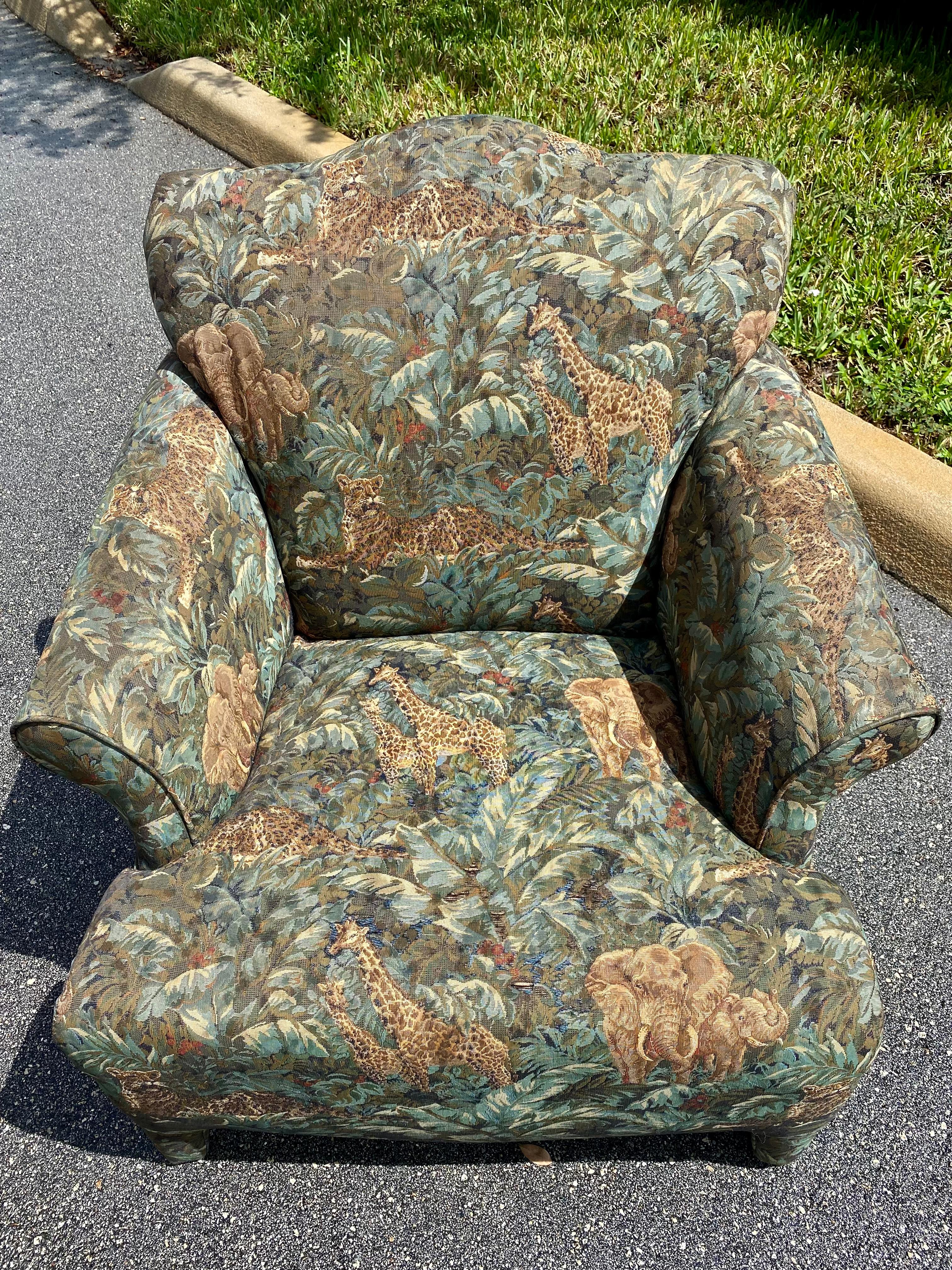 Late 20th Century 1980s Safari Tapestry Attributed to Donghia Luciano Chair and Ottoman Set of 2 For Sale