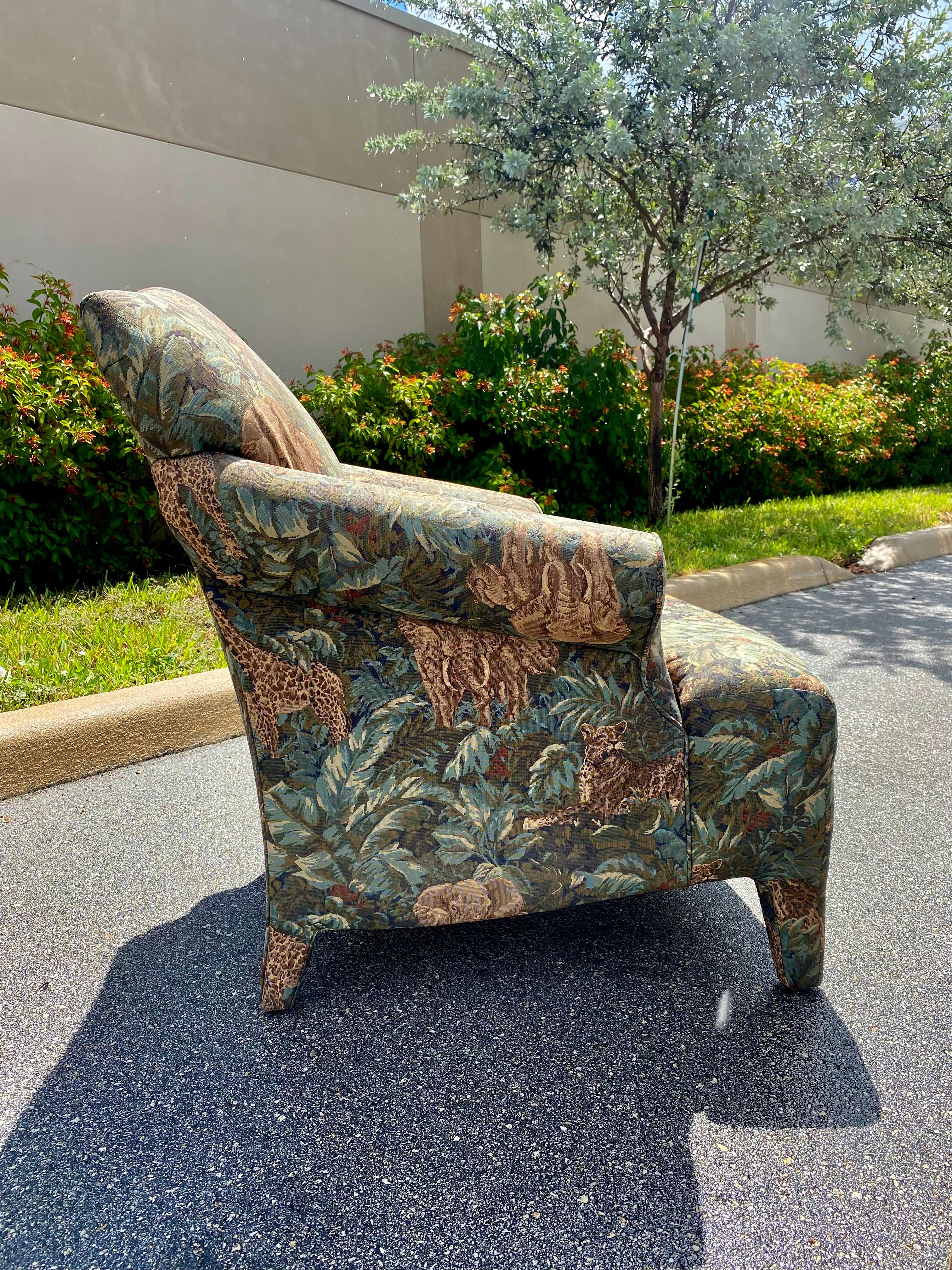 1980s Safari Tapestry Attributed to Donghia Luciano Chair and Ottoman Set of 2 For Sale 2