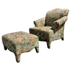 1980s Safari Tapestry Attributed to Donghia Luciano Chair and Ottoman Set of 2