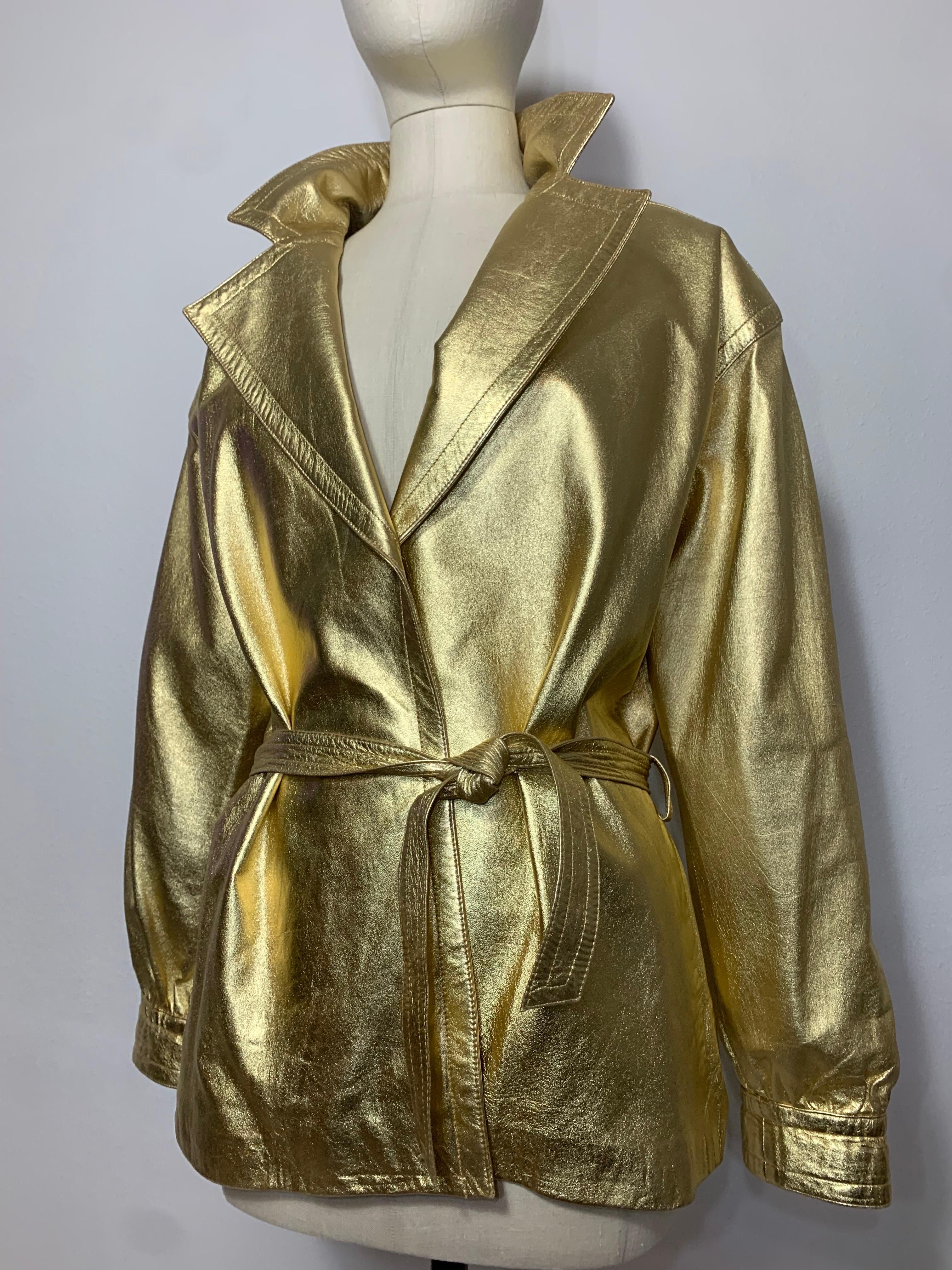 1980s Saint Laurent Gold Leather Hip-Length Trench Coat w Matching Belt Tie For Sale 6