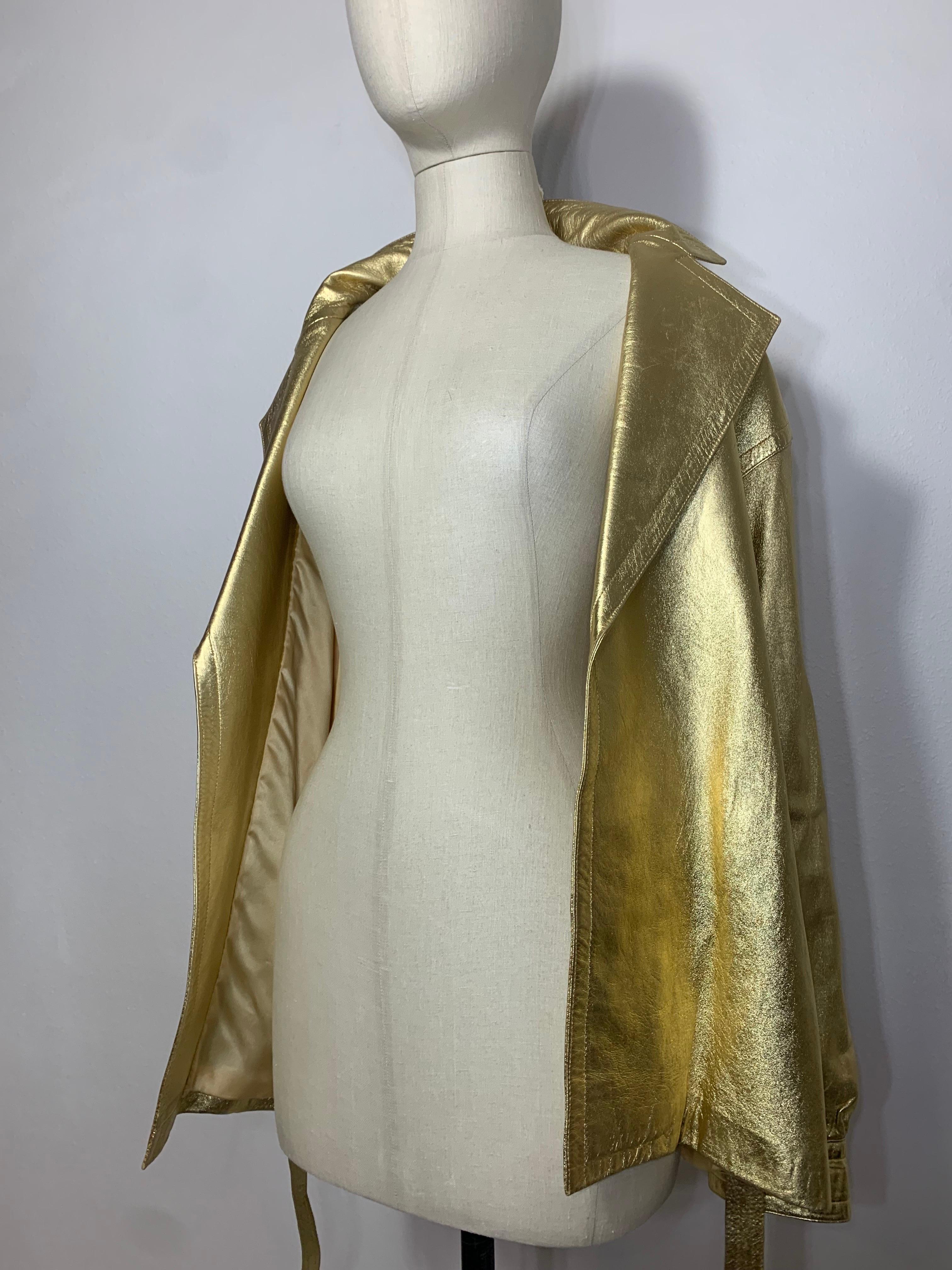 1980s Saint Laurent Gold Leather Hip-Length Trench Coat w Matching Belt Tie For Sale 7