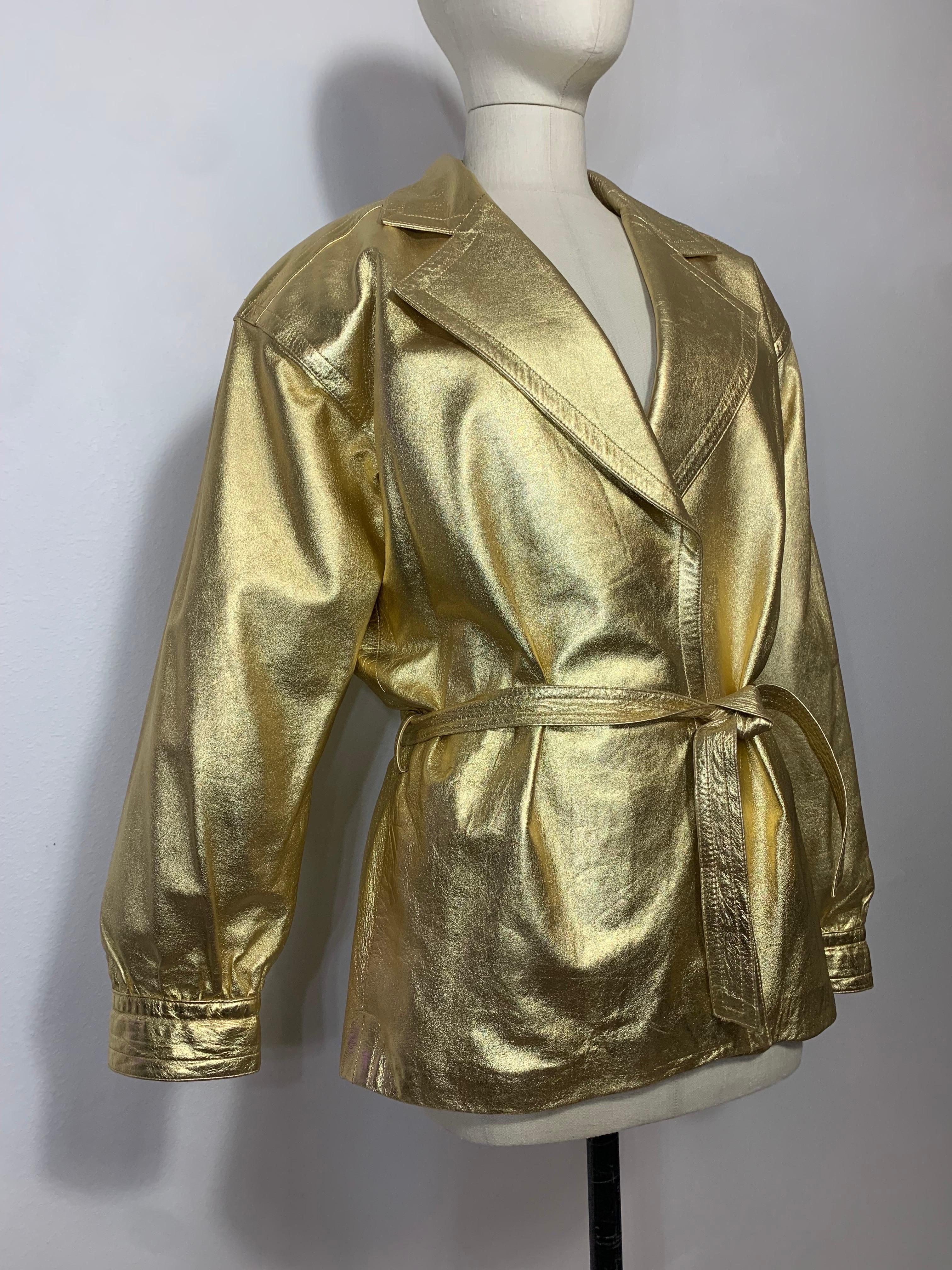 1980s Saint Laurent Gold Leather Hip-Length Trench Coat w Matching Belt Tie In Excellent Condition For Sale In Gresham, OR