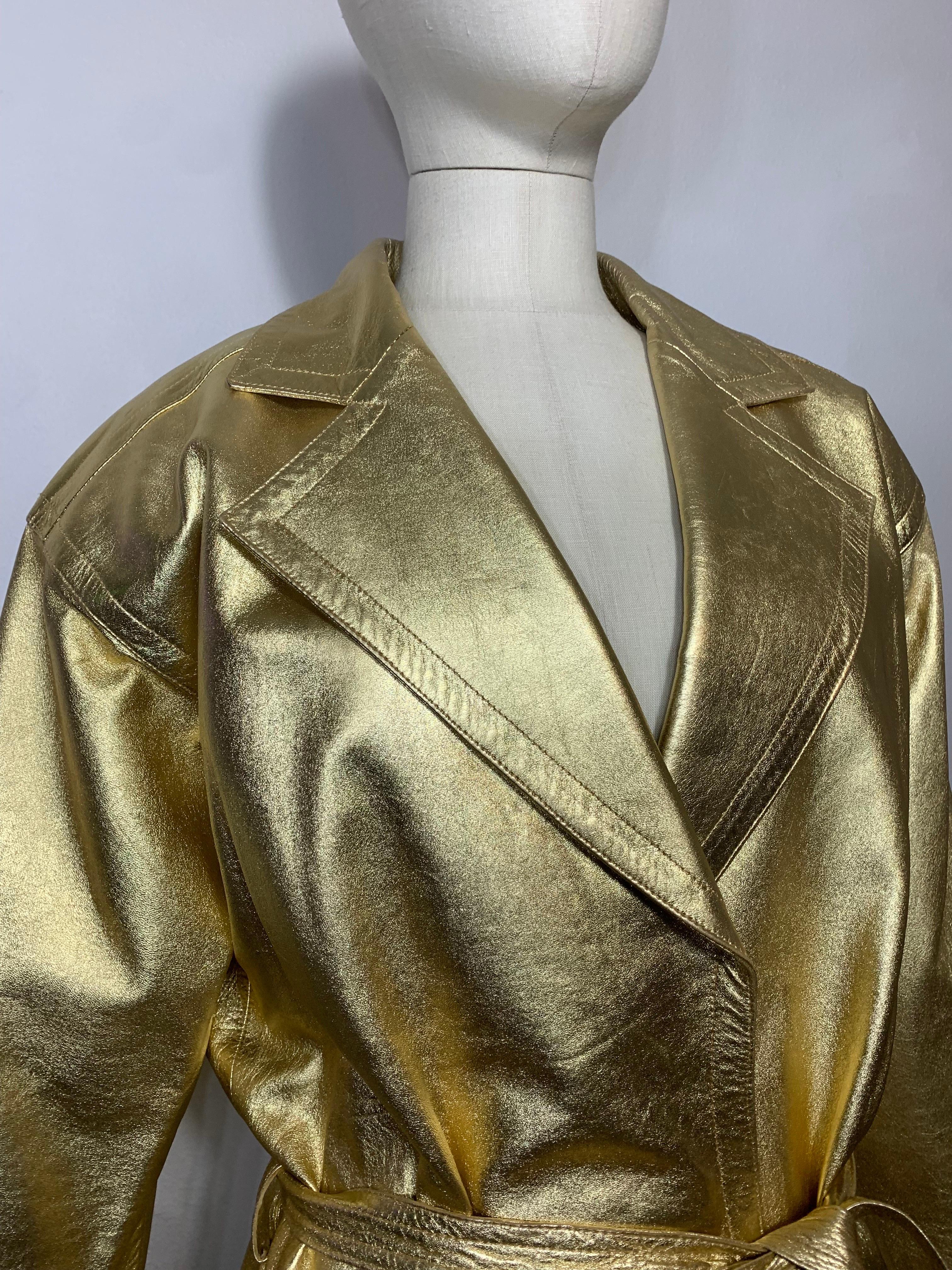 Women's or Men's 1980s Saint Laurent Gold Leather Hip-Length Trench Coat w Matching Belt Tie For Sale