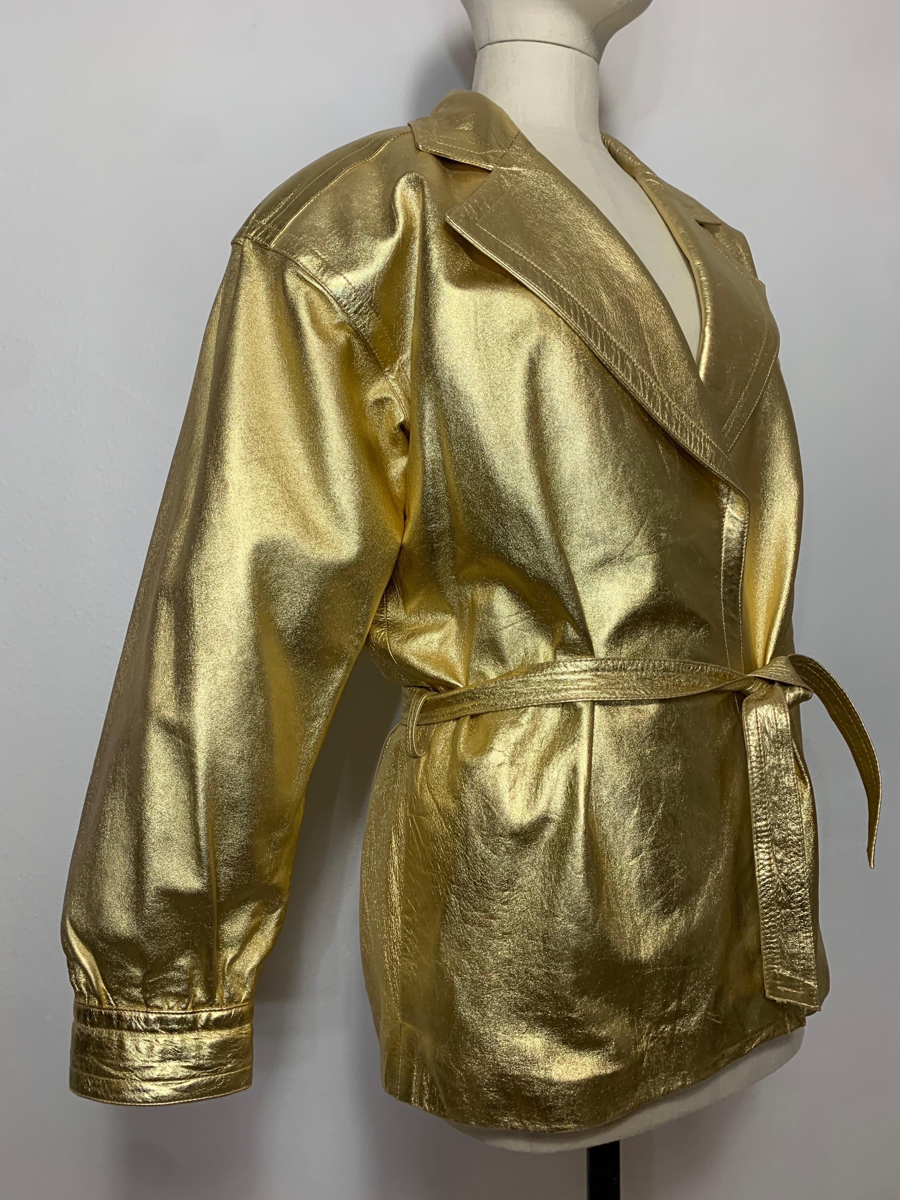 1980s Saint Laurent Gold Leather Hip-Length Trench Coat w Matching Belt Tie For Sale 1