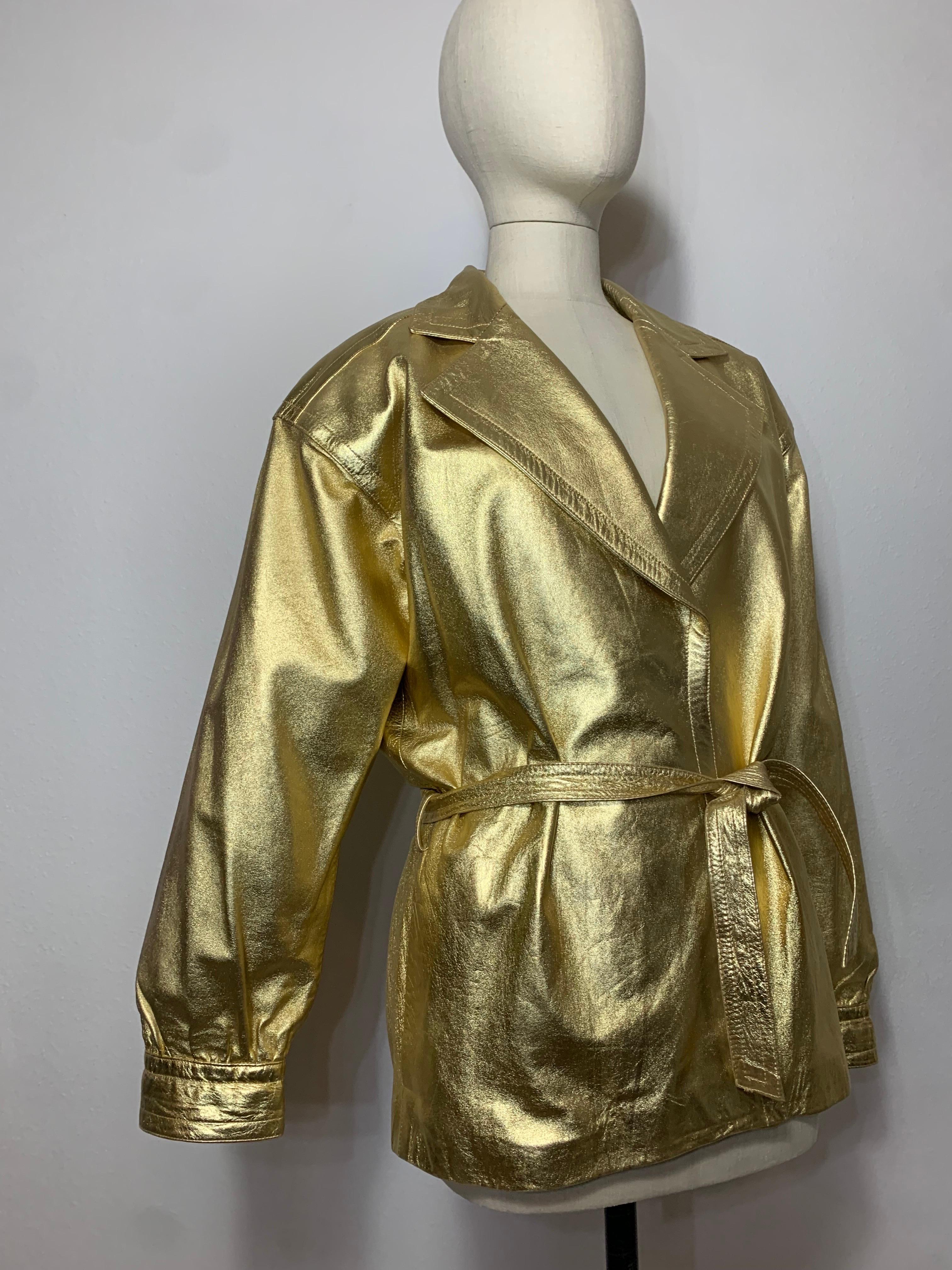 1980s Saint Laurent Gold Leather Hip-Length Trench Coat w Matching Belt Tie For Sale 2