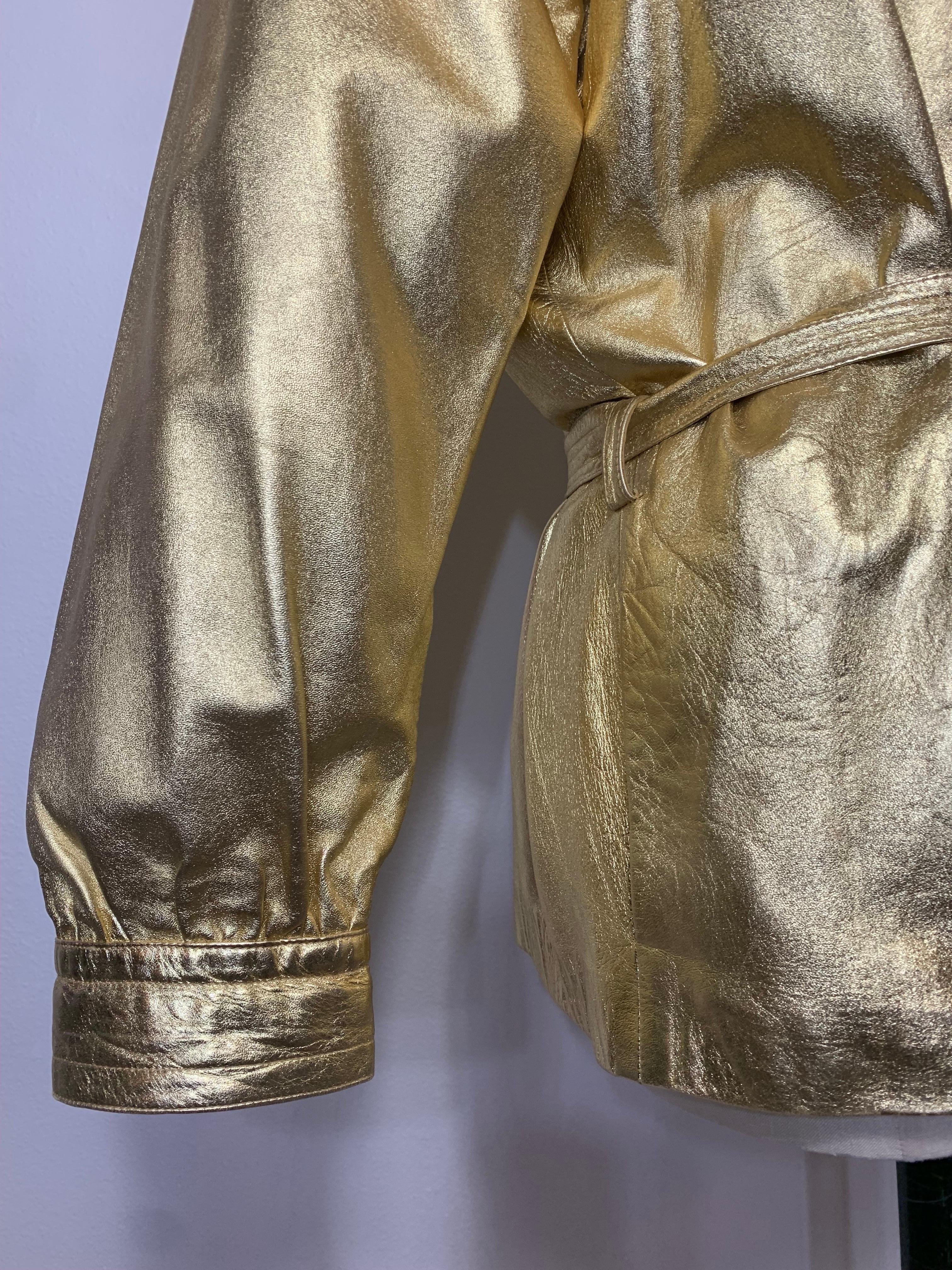 1980s Saint Laurent Gold Leather Hip-Length Trench Coat w Matching Belt Tie For Sale 3