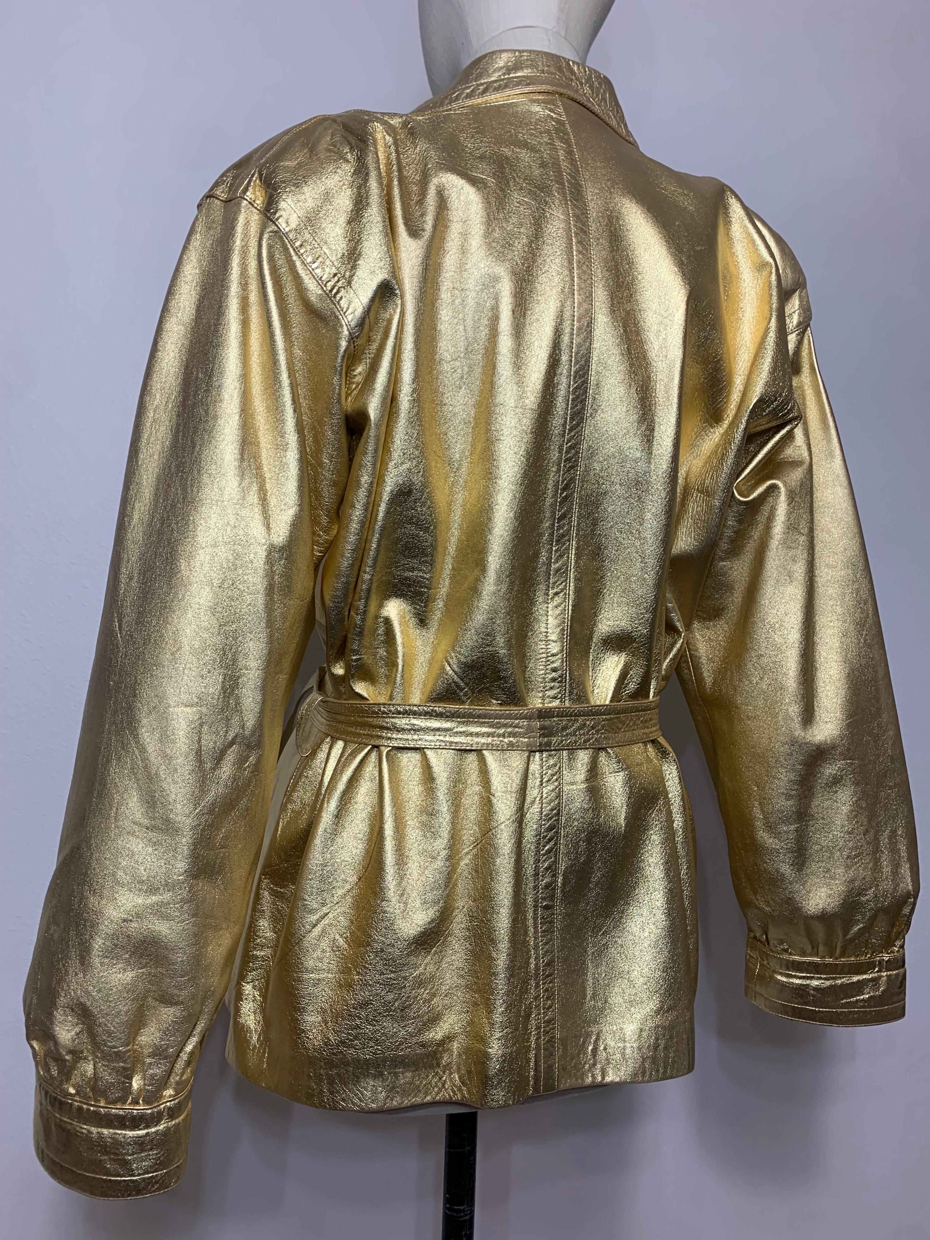 1980s Saint Laurent Gold Leather Hip-Length Trench Coat w Matching Belt Tie For Sale 4