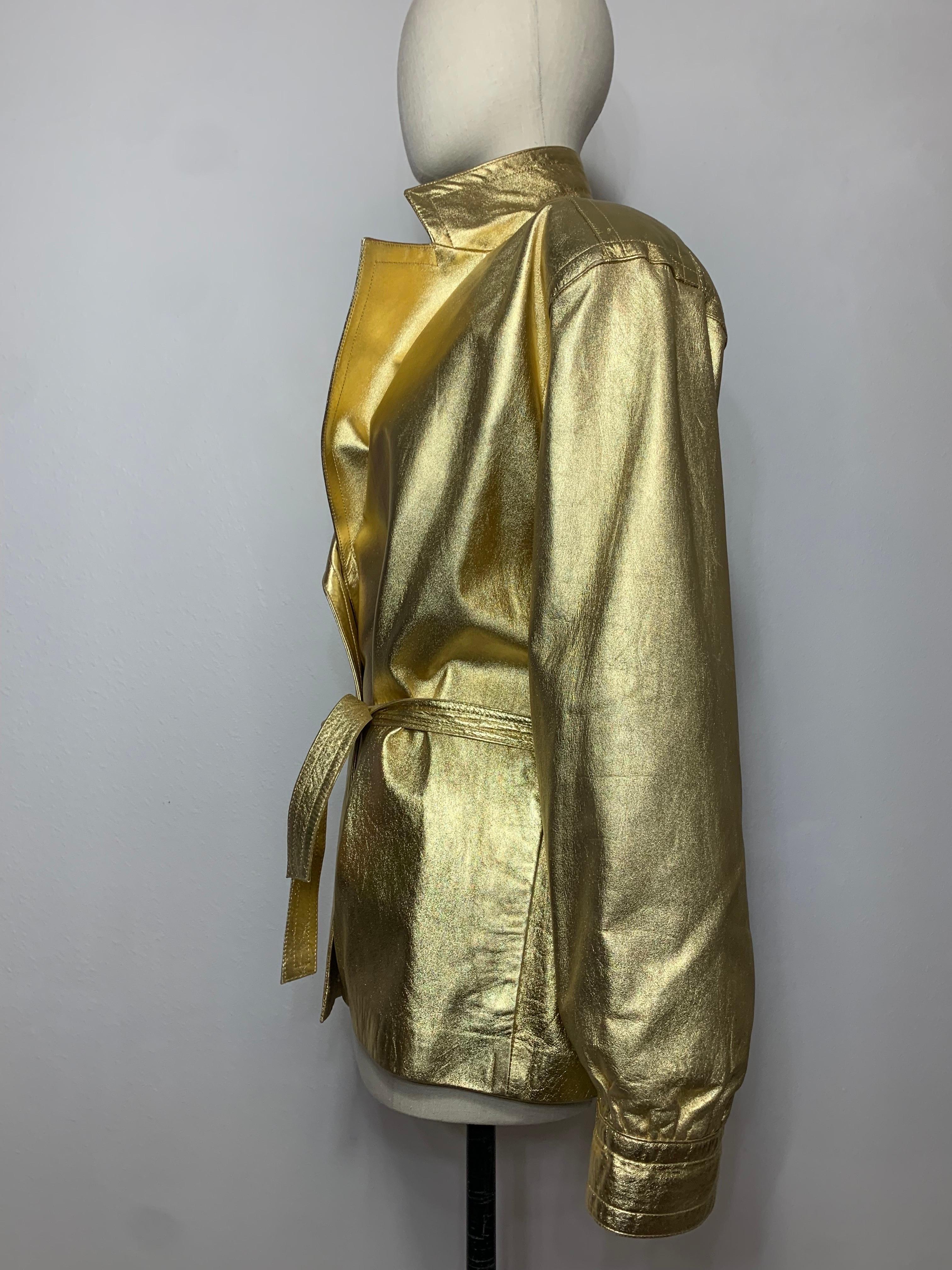 1980s Saint Laurent Gold Leather Hip-Length Trench Coat w Matching Belt Tie For Sale 5