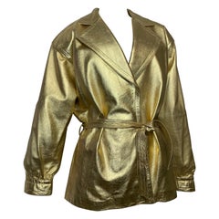 1980s Saint Laurent Gold Leather Hip-Length Trench Coat w Matching Belt Tie