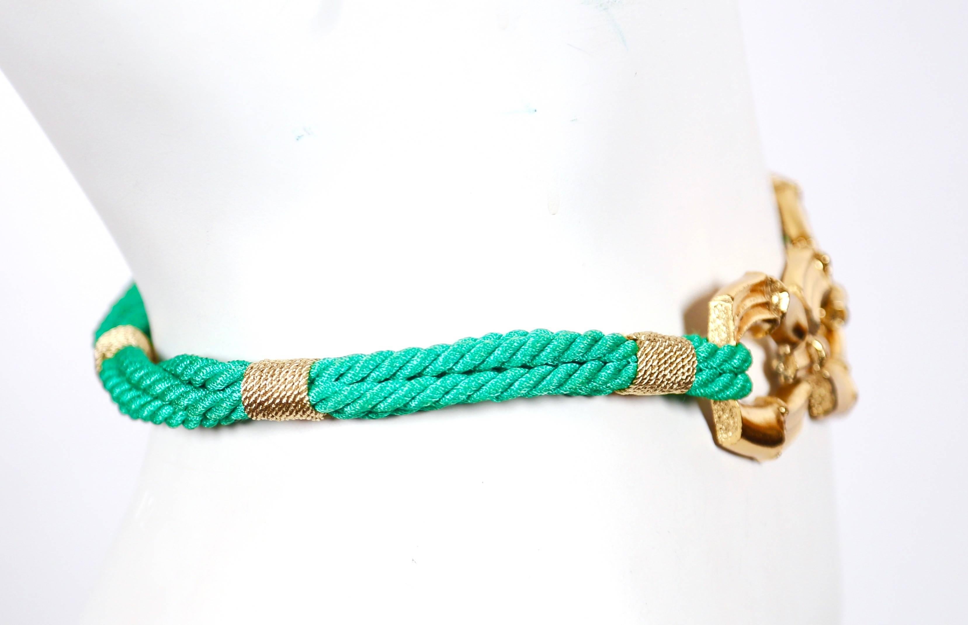 1980's SAINT LAURENT green woven cord belt with gilt bamboo buckle In Good Condition For Sale In San Fransisco, CA
