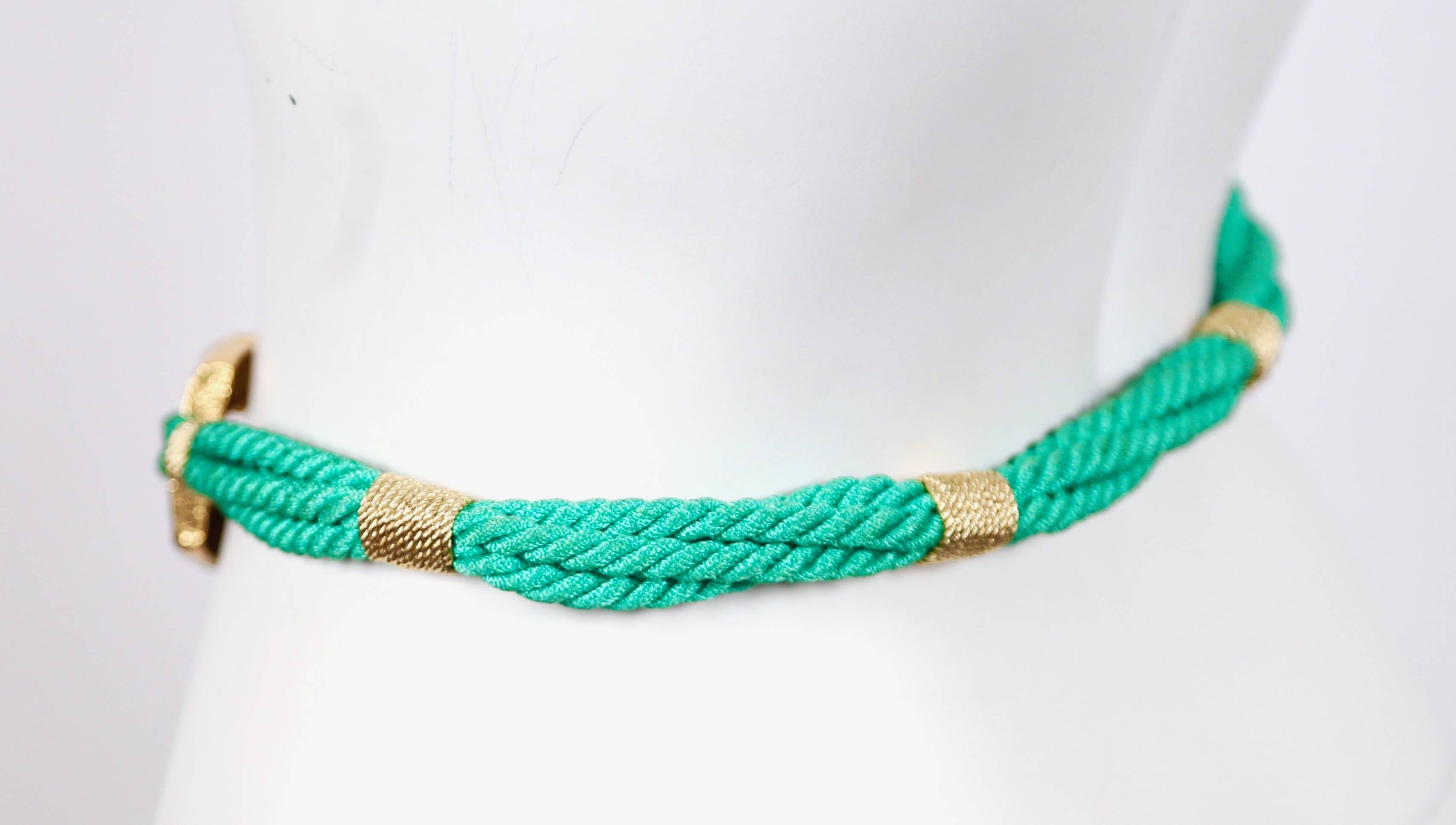 Women's 1980's SAINT LAURENT green woven cord belt with gilt bamboo buckle For Sale