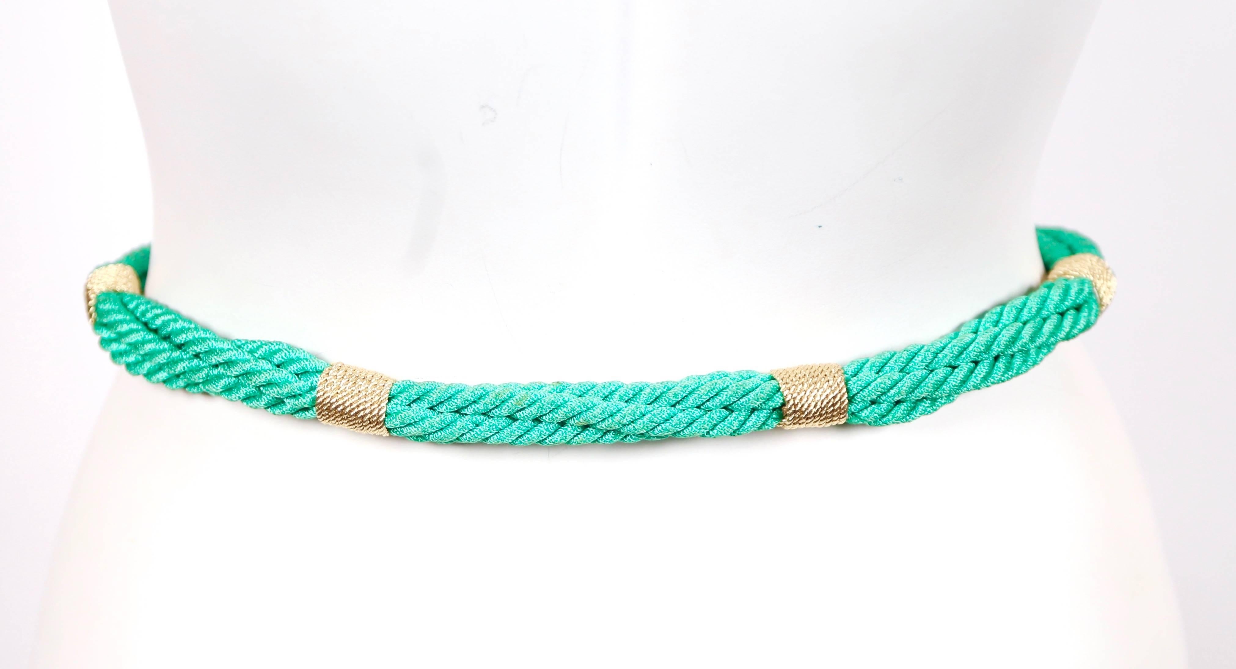 1980's SAINT LAURENT green woven cord belt with gilt bamboo buckle For Sale 1