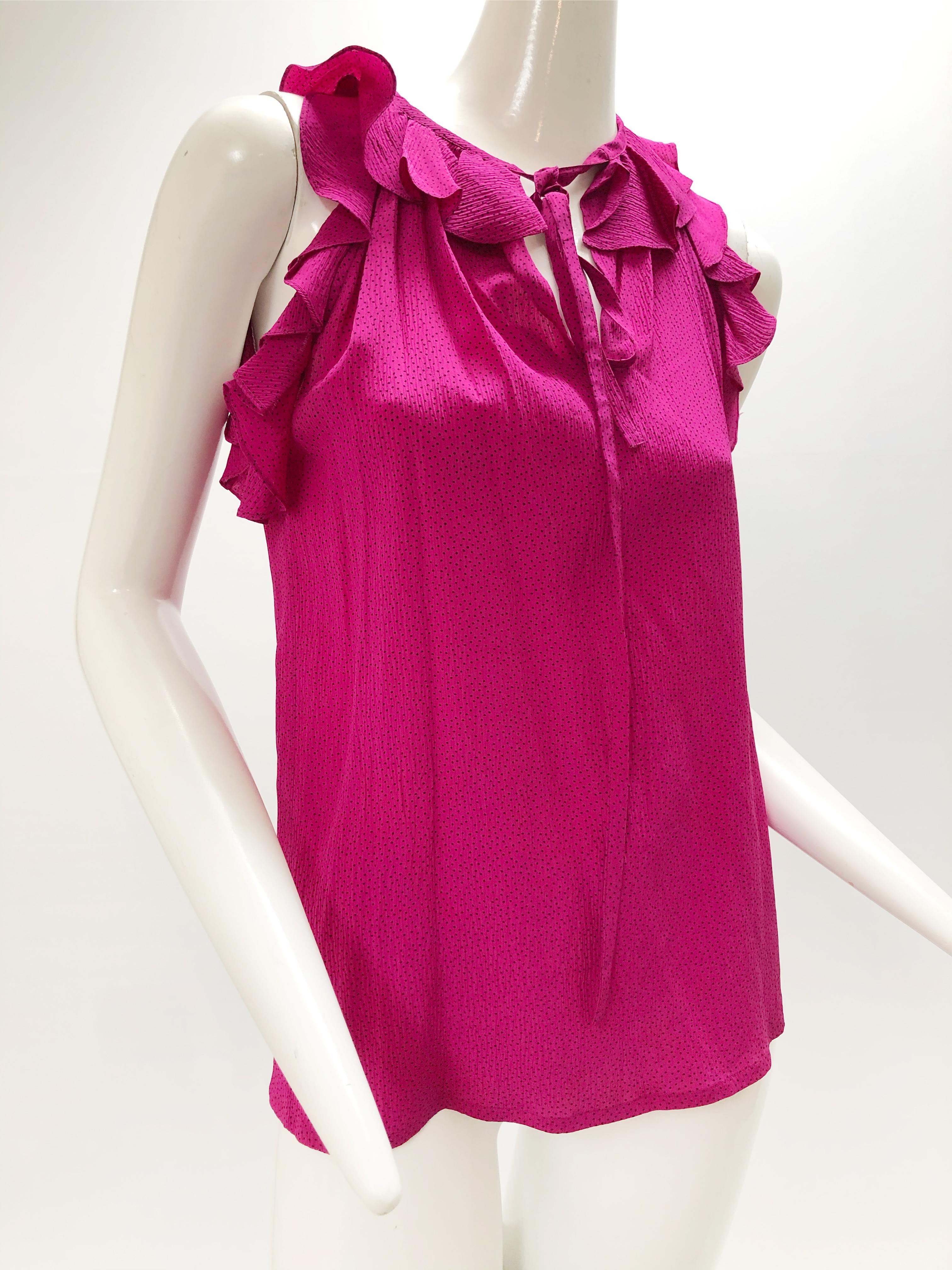 1980s Yves Saint Laurent for ruffled and ribbon tie front camisole in hot pink silk with black pin dots.  Bias ruffles at neck and shoulders. French size 38.