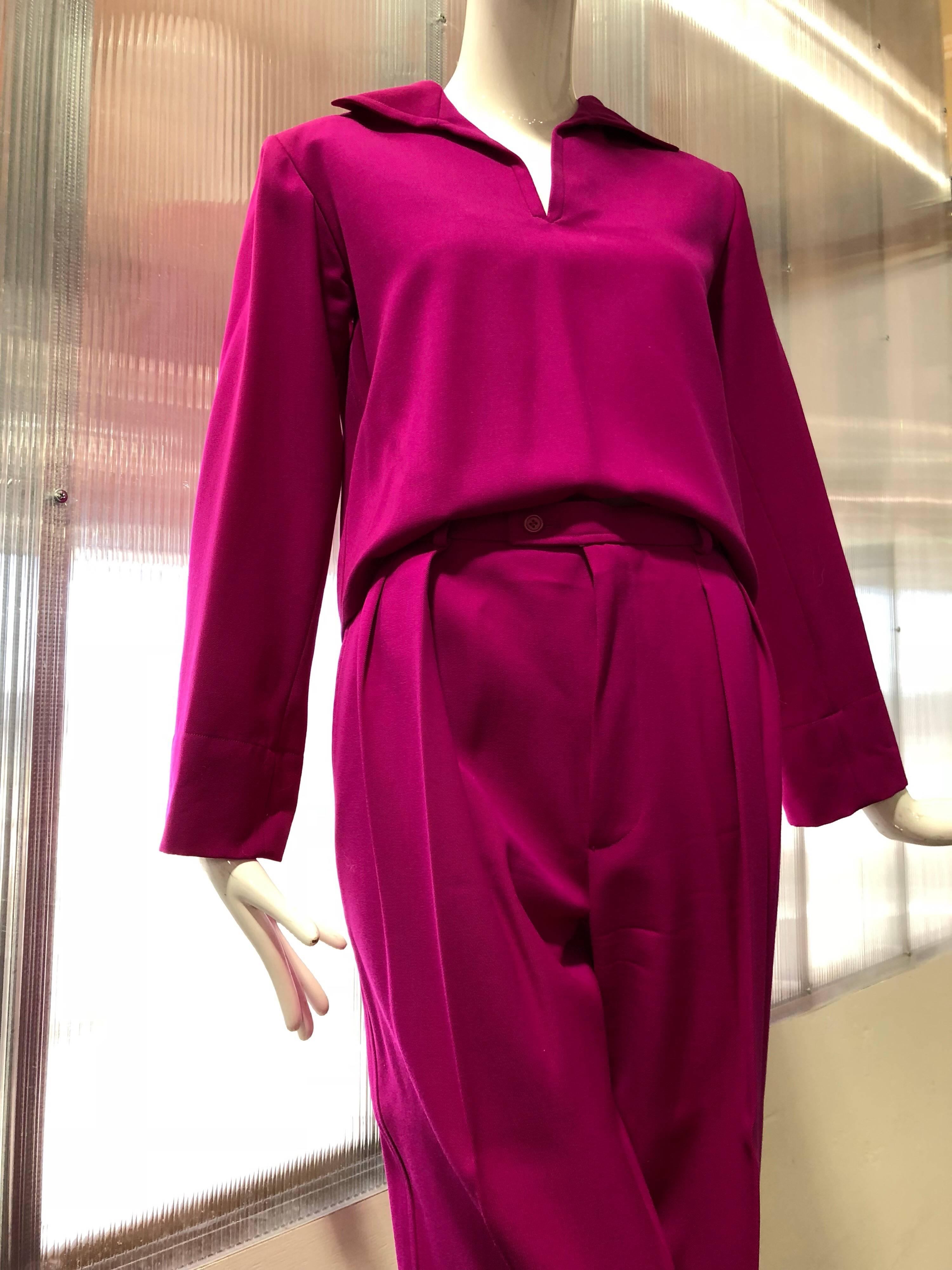 1980s Yves Saint Laurent hot pink spring 2-piece pant ensemble: Wool gabardine pant and sailor-style top.  Pants are pleated at hip with full straight leg and side slit pockets. Sailor top slides over head with no closures.  Side slits. Slightly