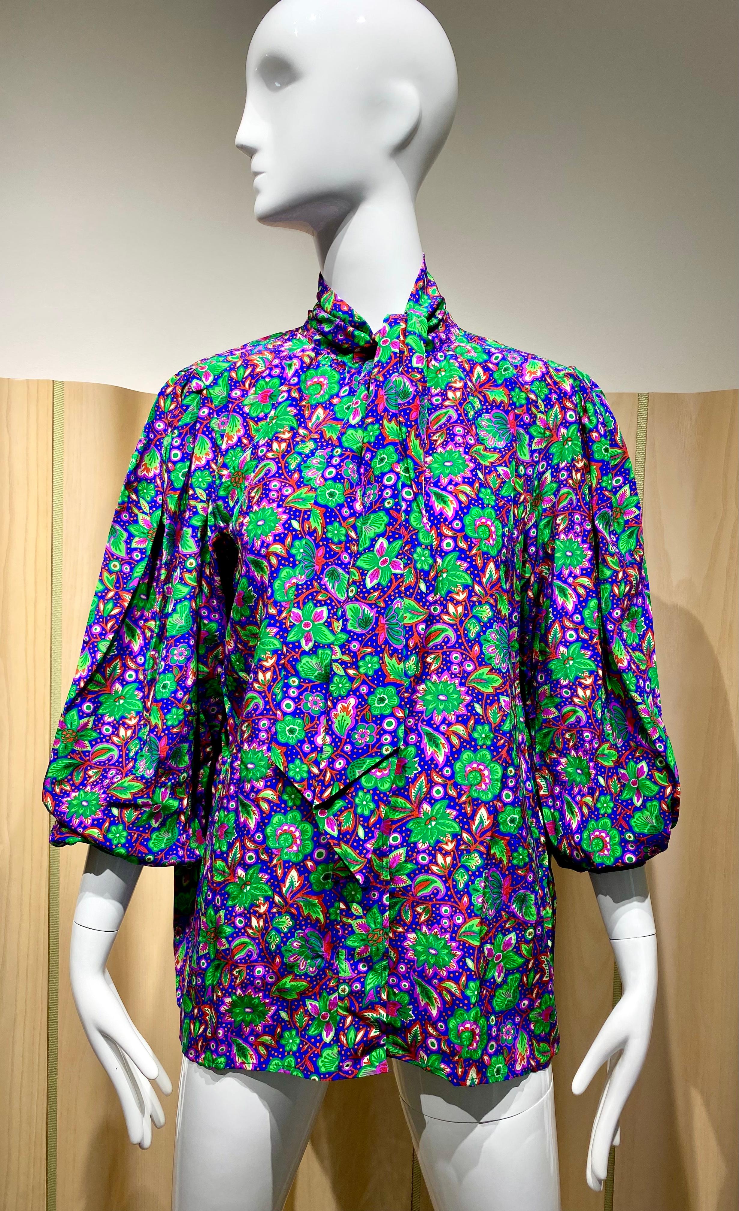 Purple 1980s Saint Laurent Multi Color Floral Silk Blouse For Sale