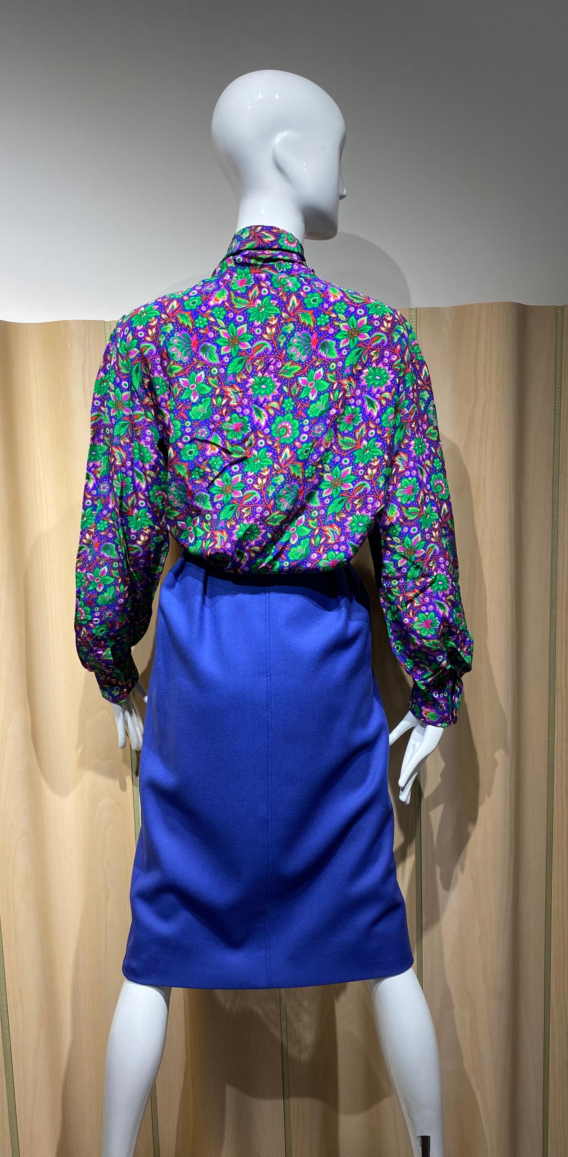 Women's 1980s Saint Laurent Multi Color Floral Silk Blouse For Sale