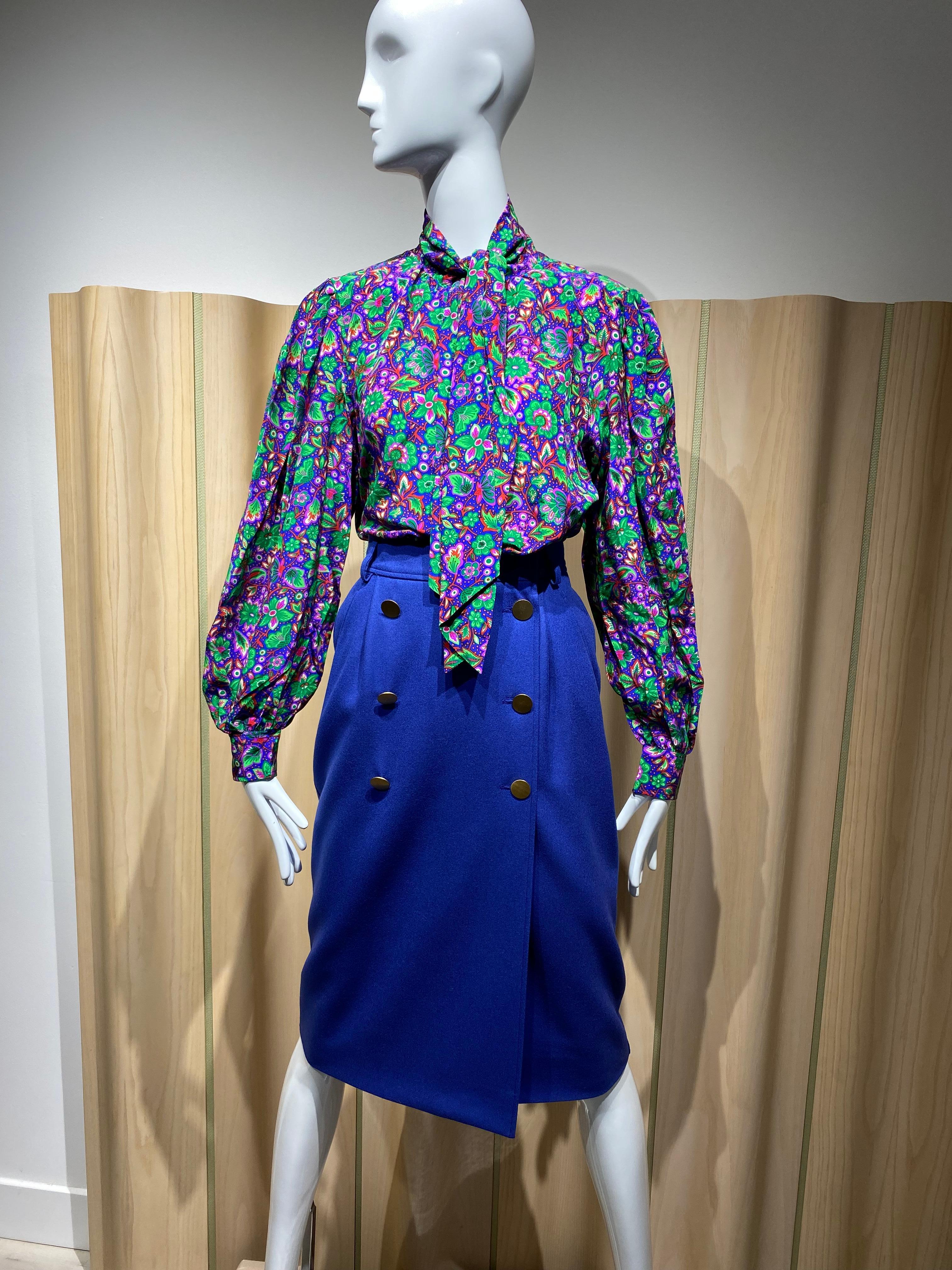 1980s Saint Laurent Multi Color Floral Silk Blouse For Sale 1