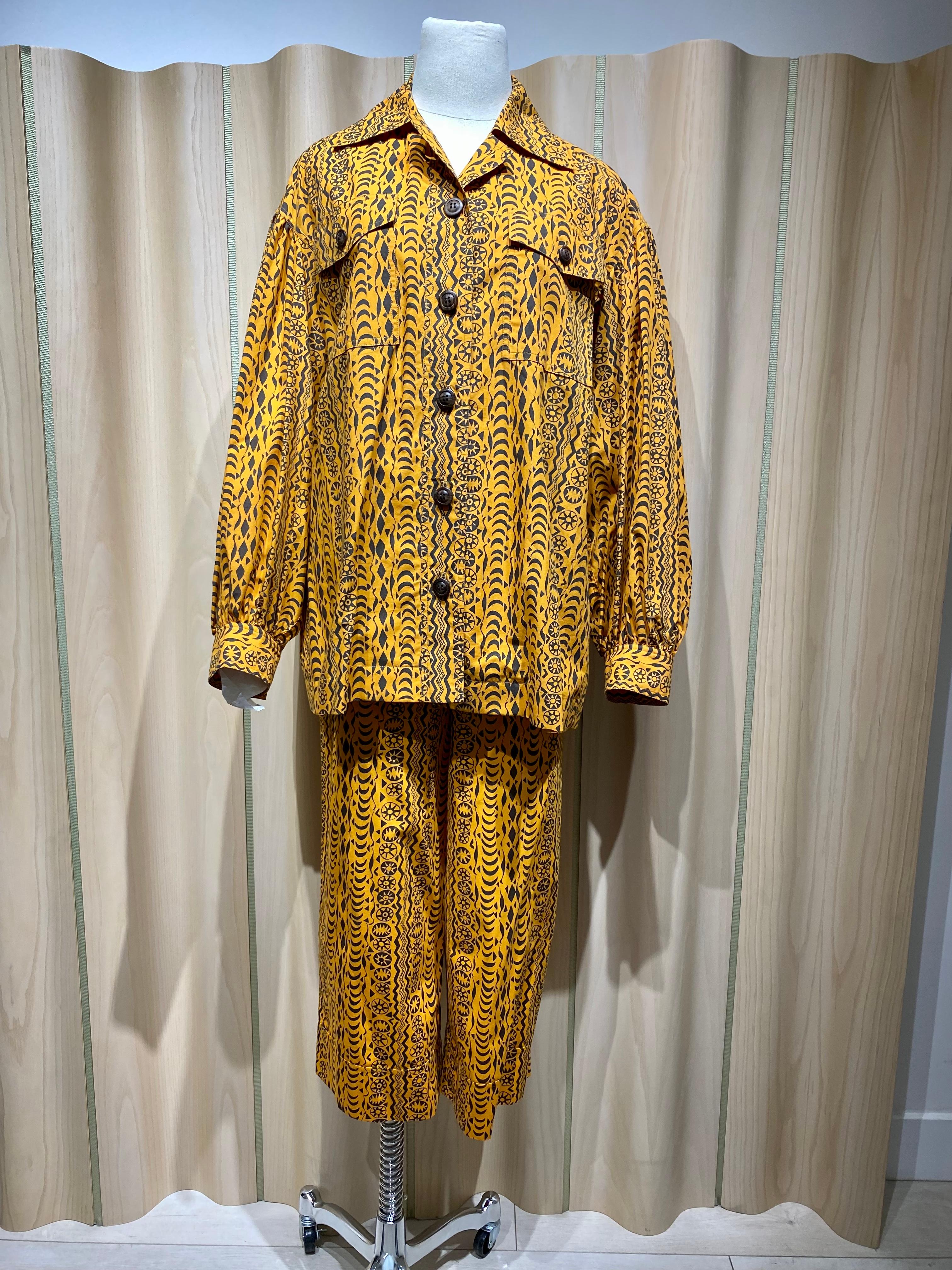 Brown 1980s Saint Laurent Orange and Black African Print Cotton Blouse and Pant sets