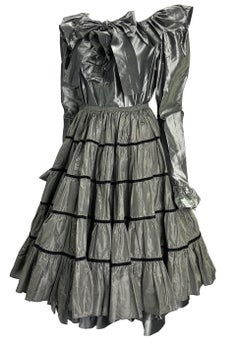 1980s Saint Laurent Rive Gauche 3 Piece Grey Silk Ruffle Skirt Blouse Set FR40