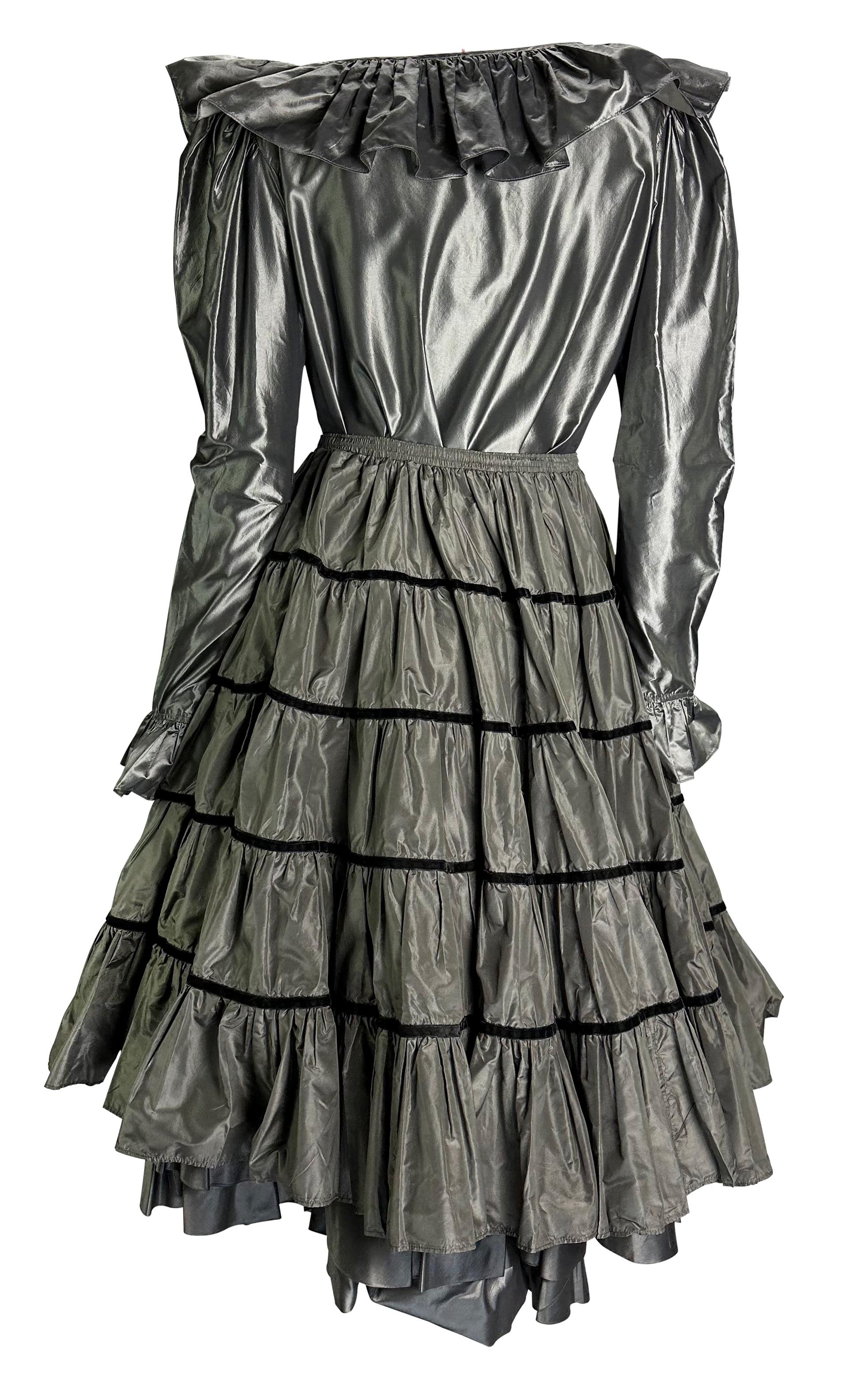 Women's 1980s Saint Laurent Rive Gauche 3 Piece Grey Silk Ruffle Skirt Blouse Set For Sale