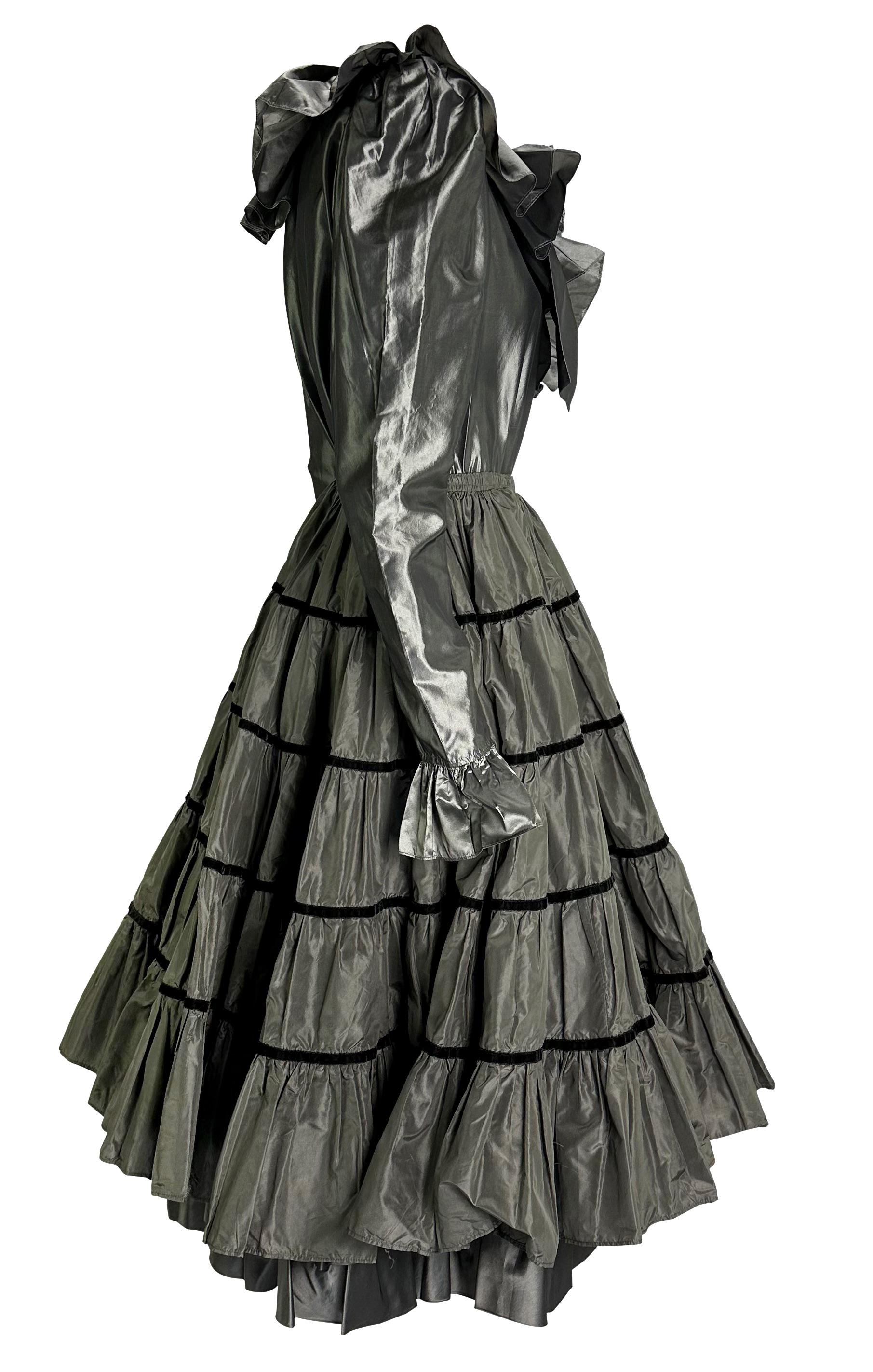 1980s Saint Laurent Rive Gauche 3 Piece Grey Silk Ruffle Skirt Blouse Set For Sale 1