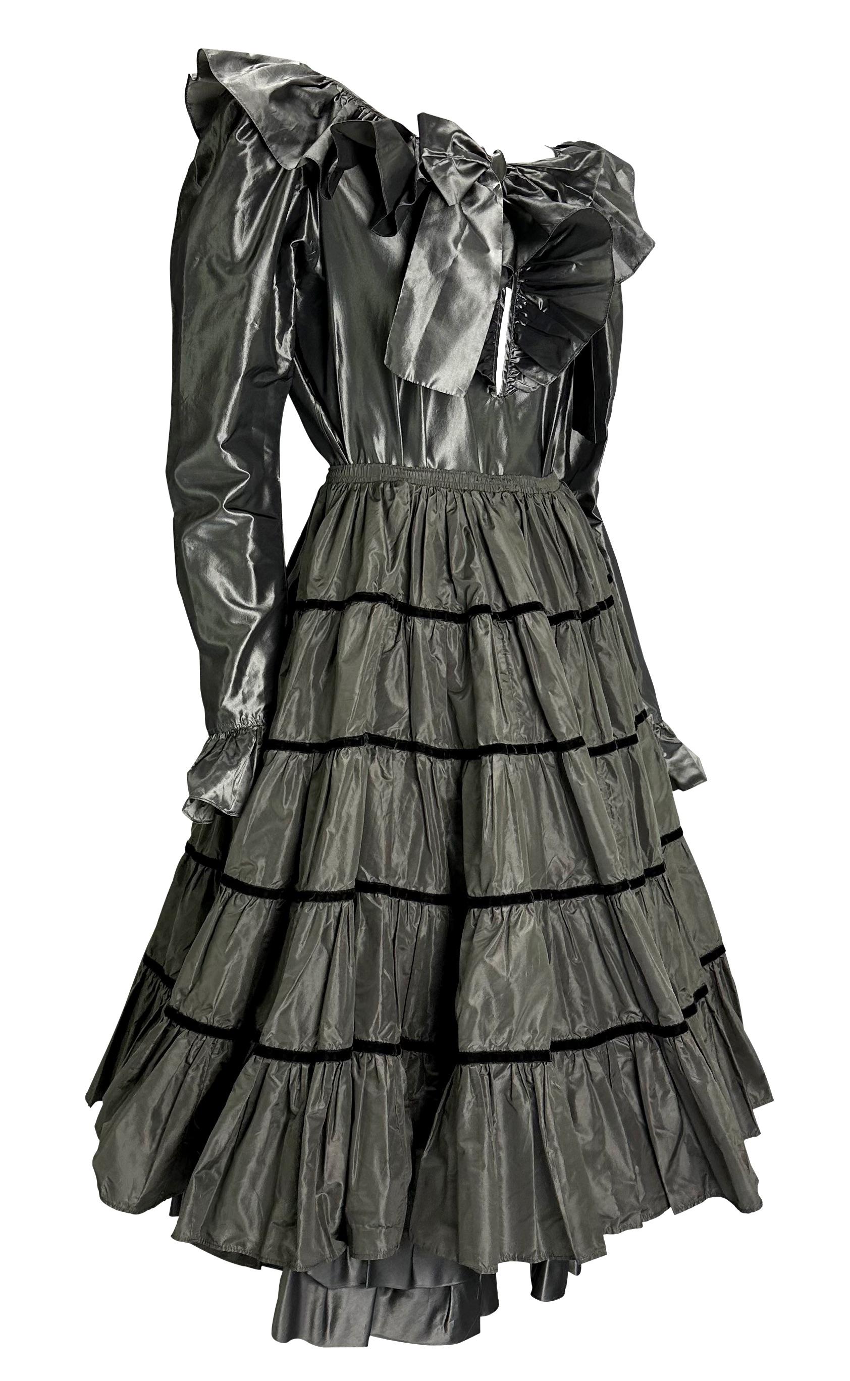 1980s Saint Laurent Rive Gauche 3 Piece Grey Silk Ruffle Skirt Blouse Set For Sale 2