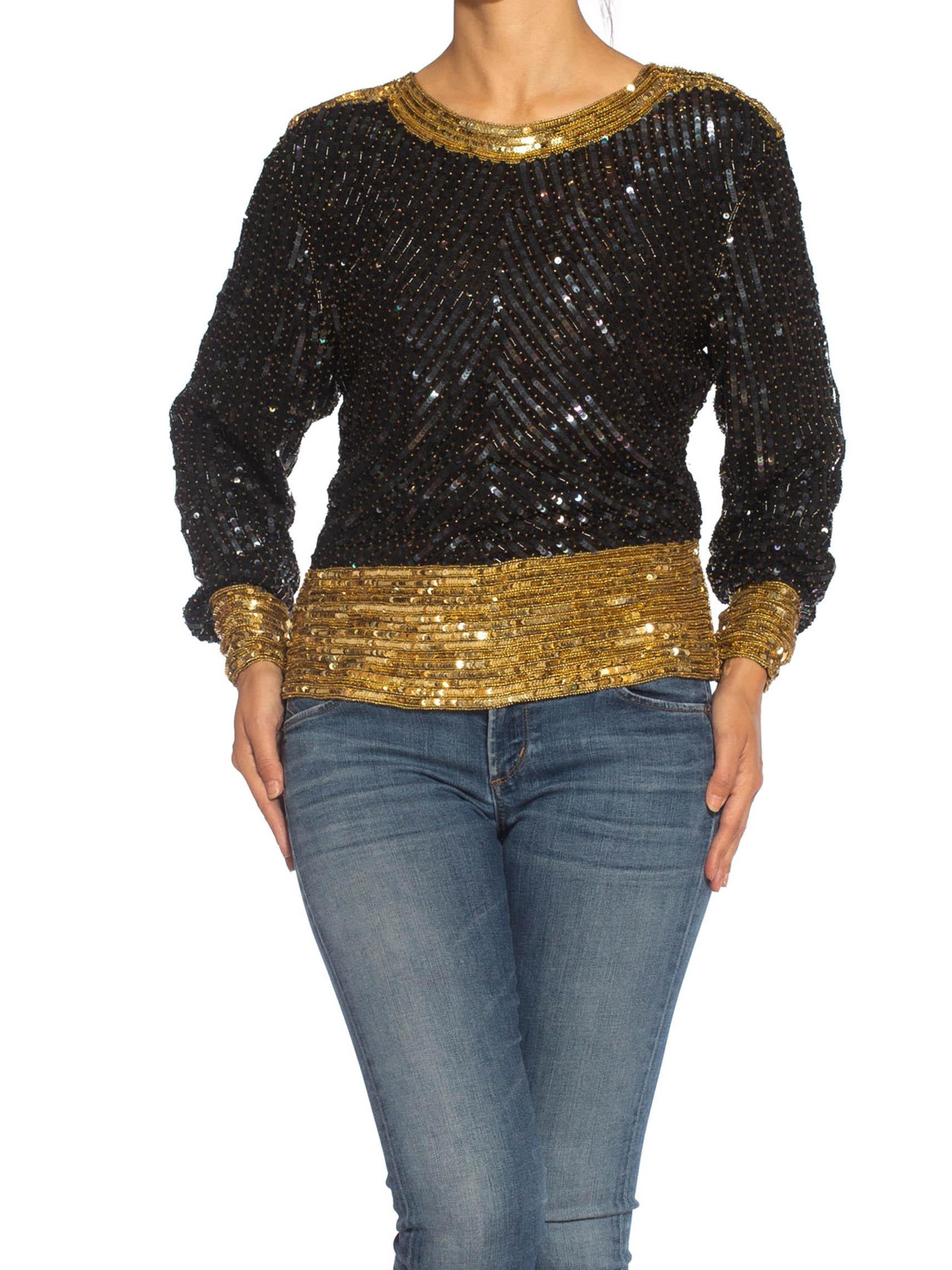 1980S SAINT LAURENT RIVE GAUCHE Black & Gold Silk Chiffon Beaded Top In Excellent Condition In New York, NY