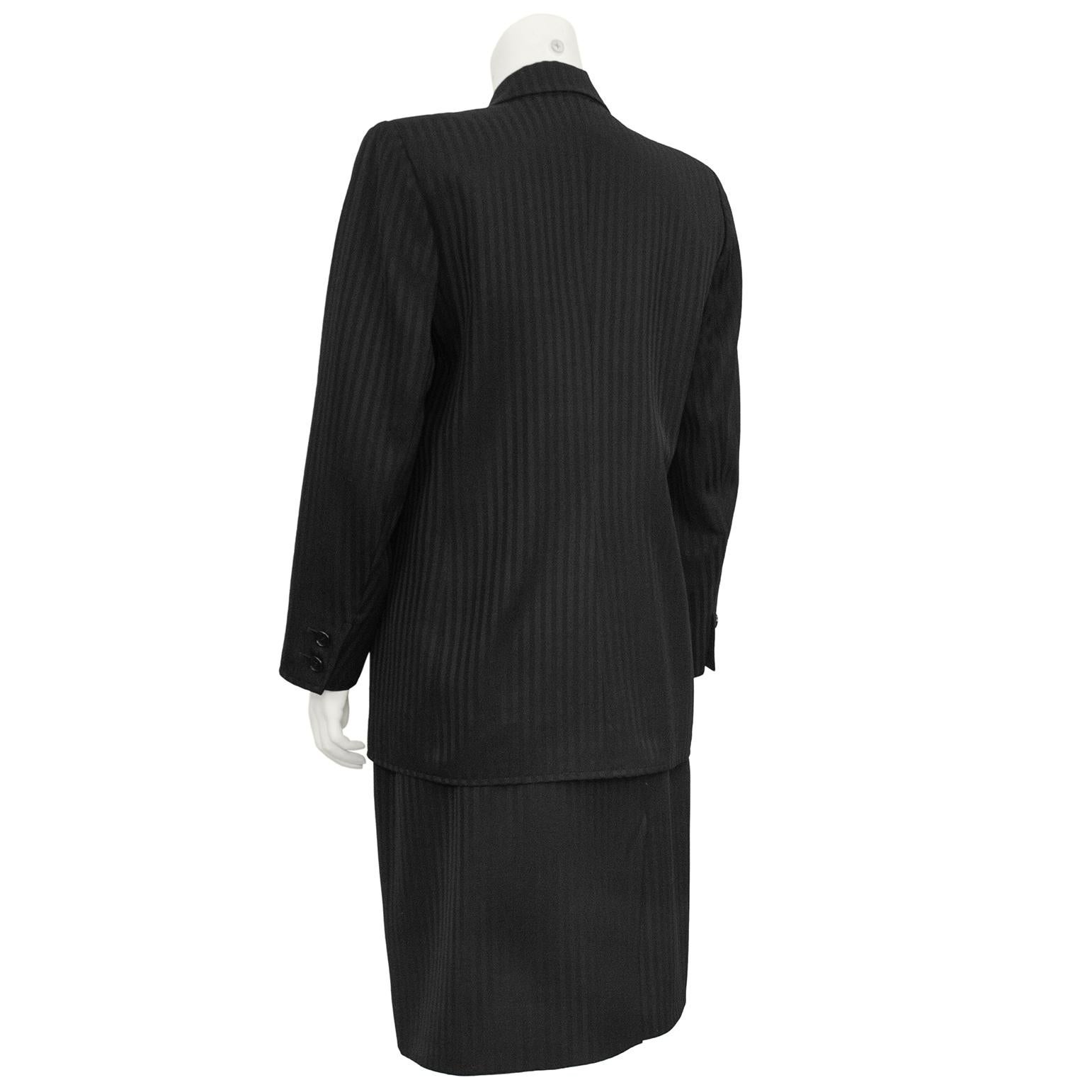 1980s Saint Laurent Rive Gauche Black Pinstripe Double Breasted Skirt Suit In Good Condition For Sale In Toronto, Ontario