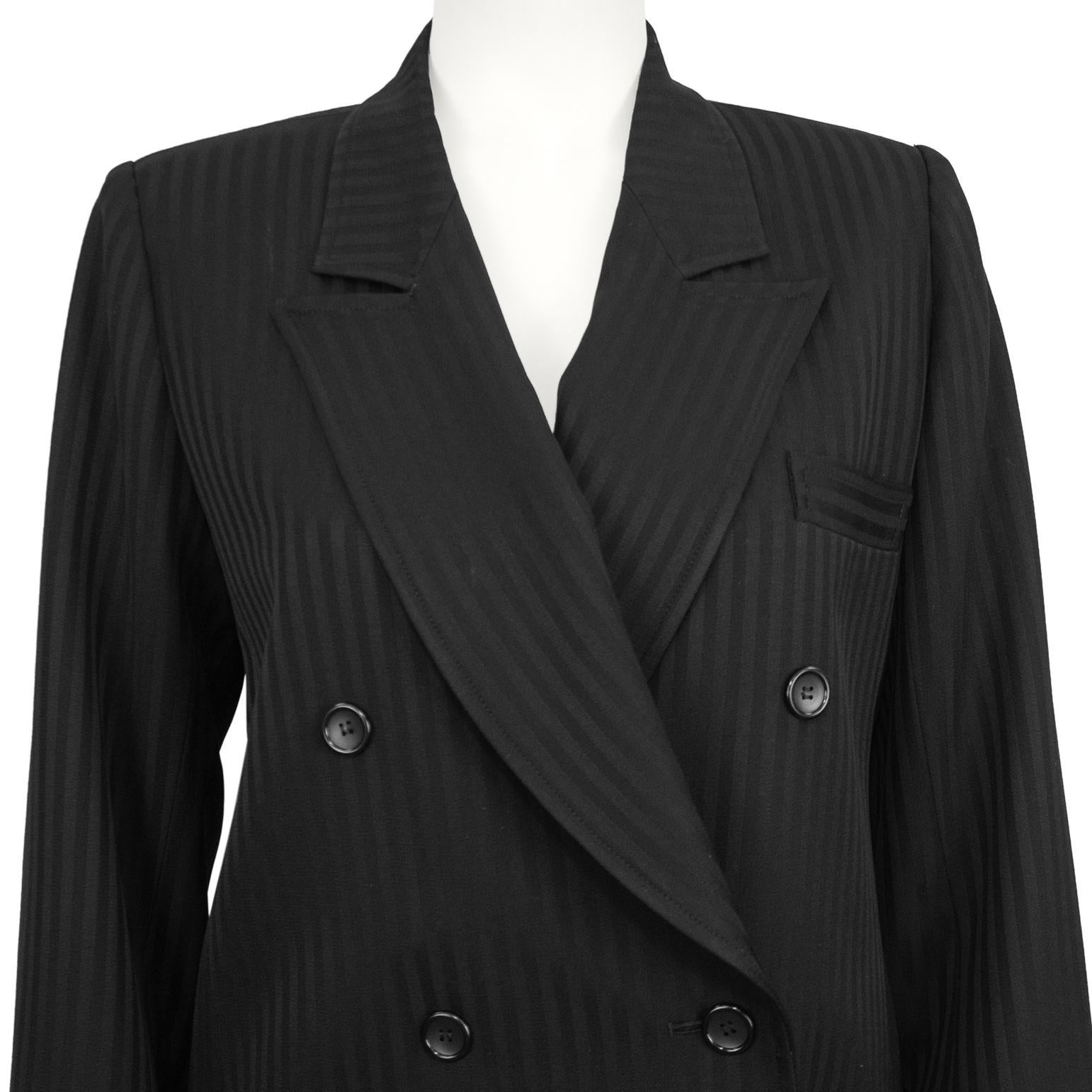 Women's 1980s Saint Laurent Rive Gauche Black Pinstripe Double Breasted Skirt Suit For Sale