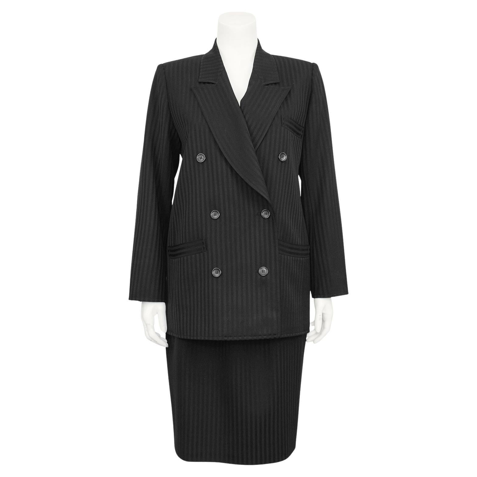 1980s Saint Laurent Rive Gauche Black Pinstripe Double Breasted Skirt Suit For Sale