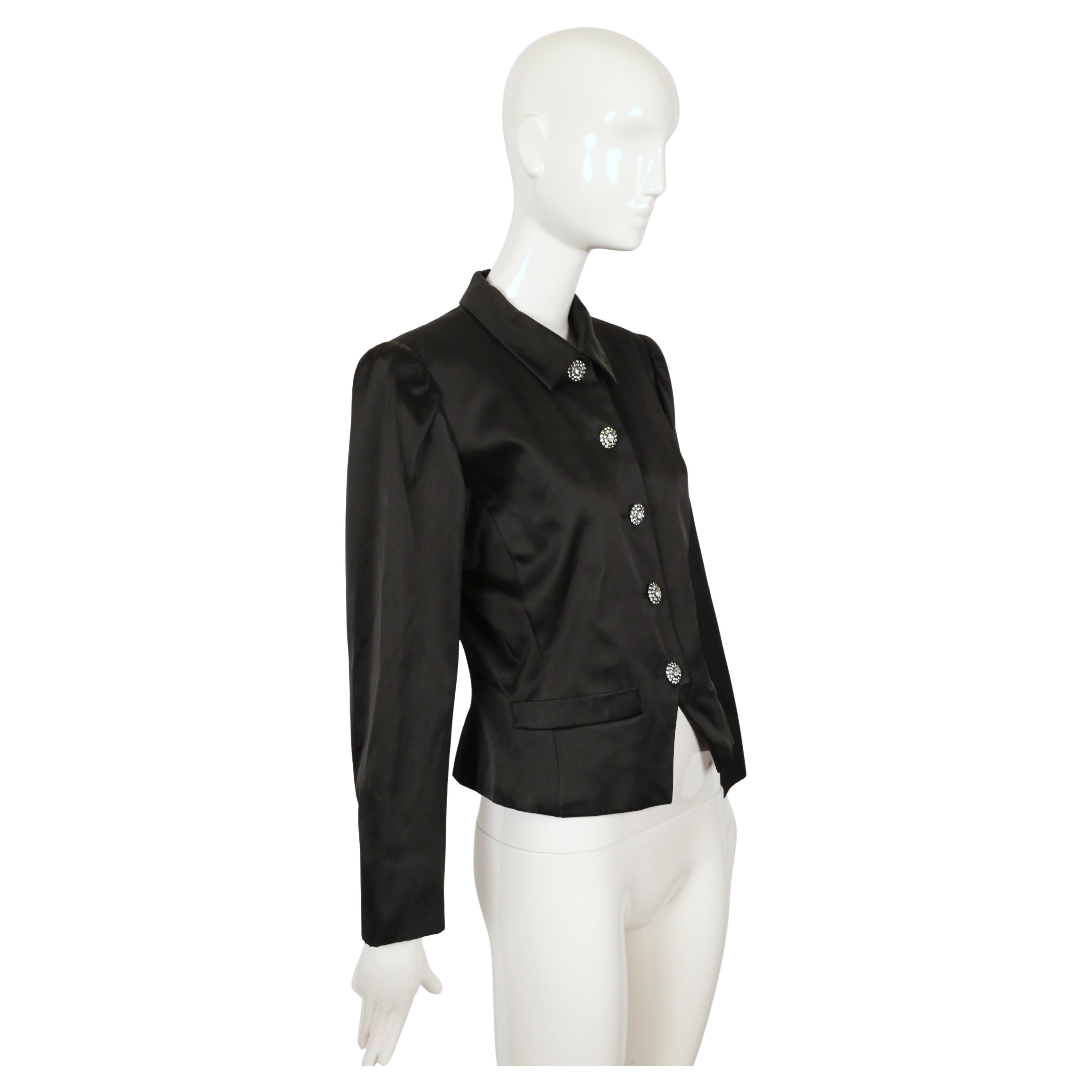 Black 1980's SAINT LAURENT rive gauche black satin jacket with rhinestones For Sale