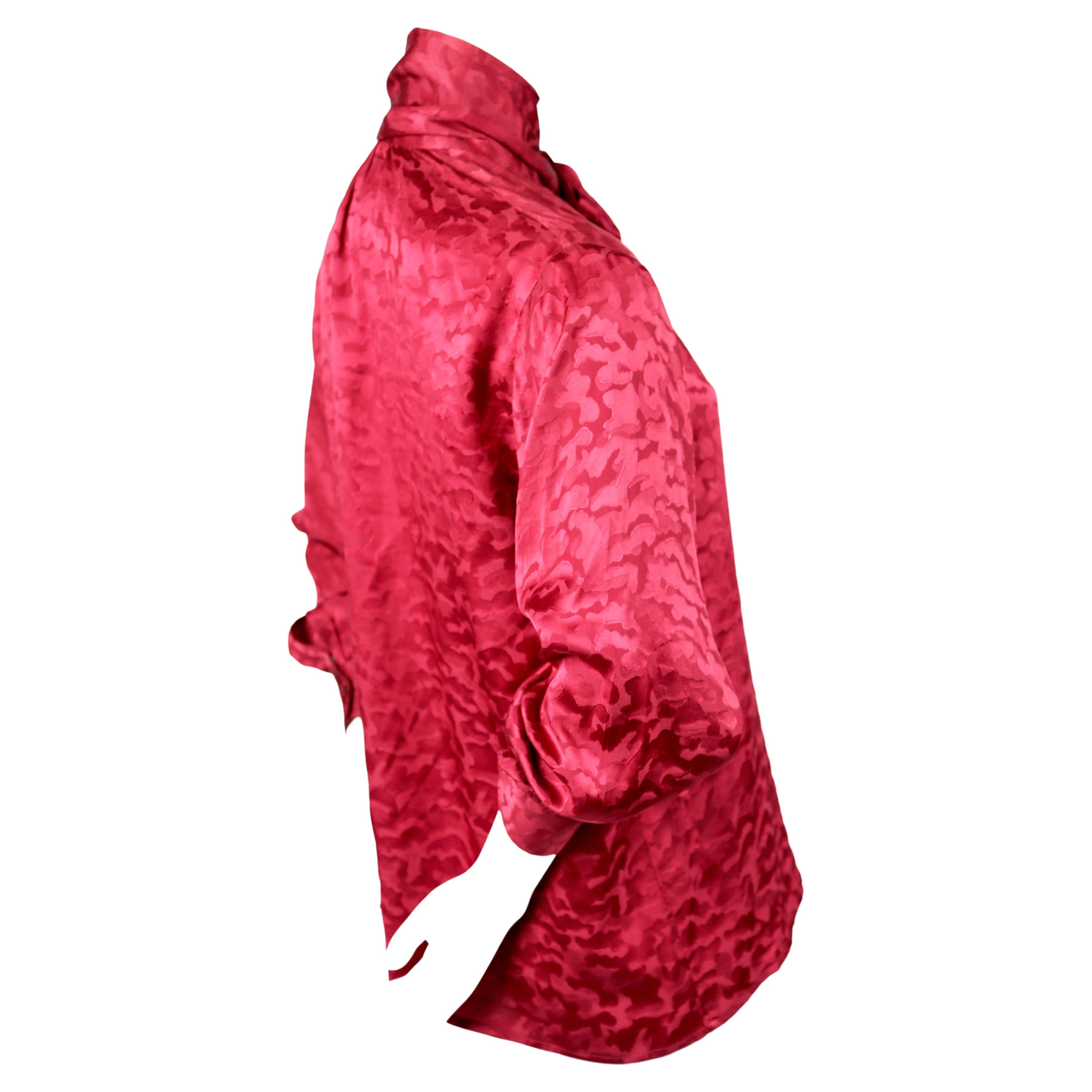 Red 1980's SAINT LAURENT rive gauche burgundy silk top with pussy bow  For Sale