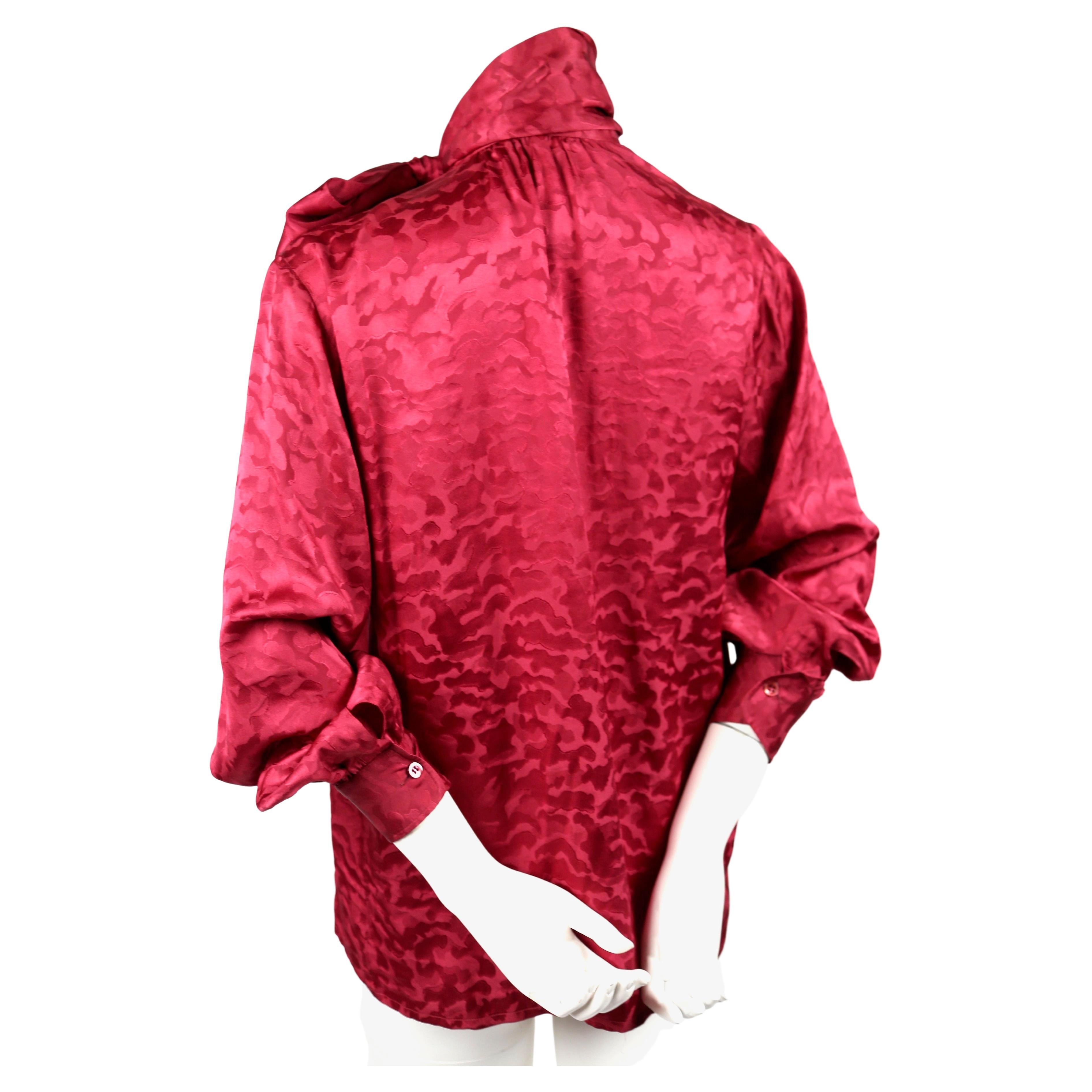 Women's or Men's 1980's SAINT LAURENT rive gauche burgundy silk top with pussy bow  For Sale