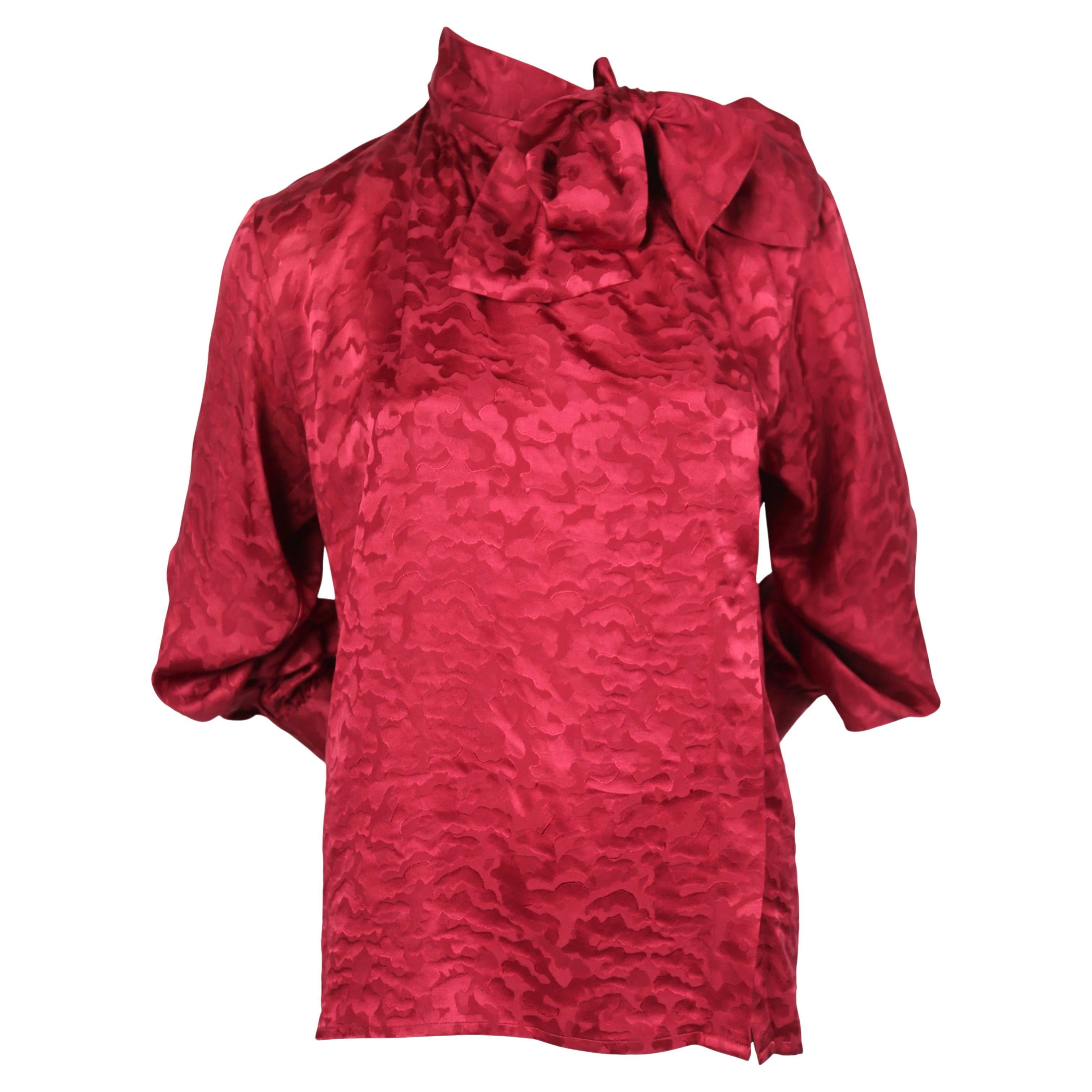 1980's SAINT LAURENT rive gauche burgundy silk top with pussy bow For Sale