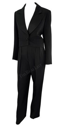 1980s Saint Laurent Rive Gauche Cropped Le Smoking Tuxedo Satin Black Pantsuit