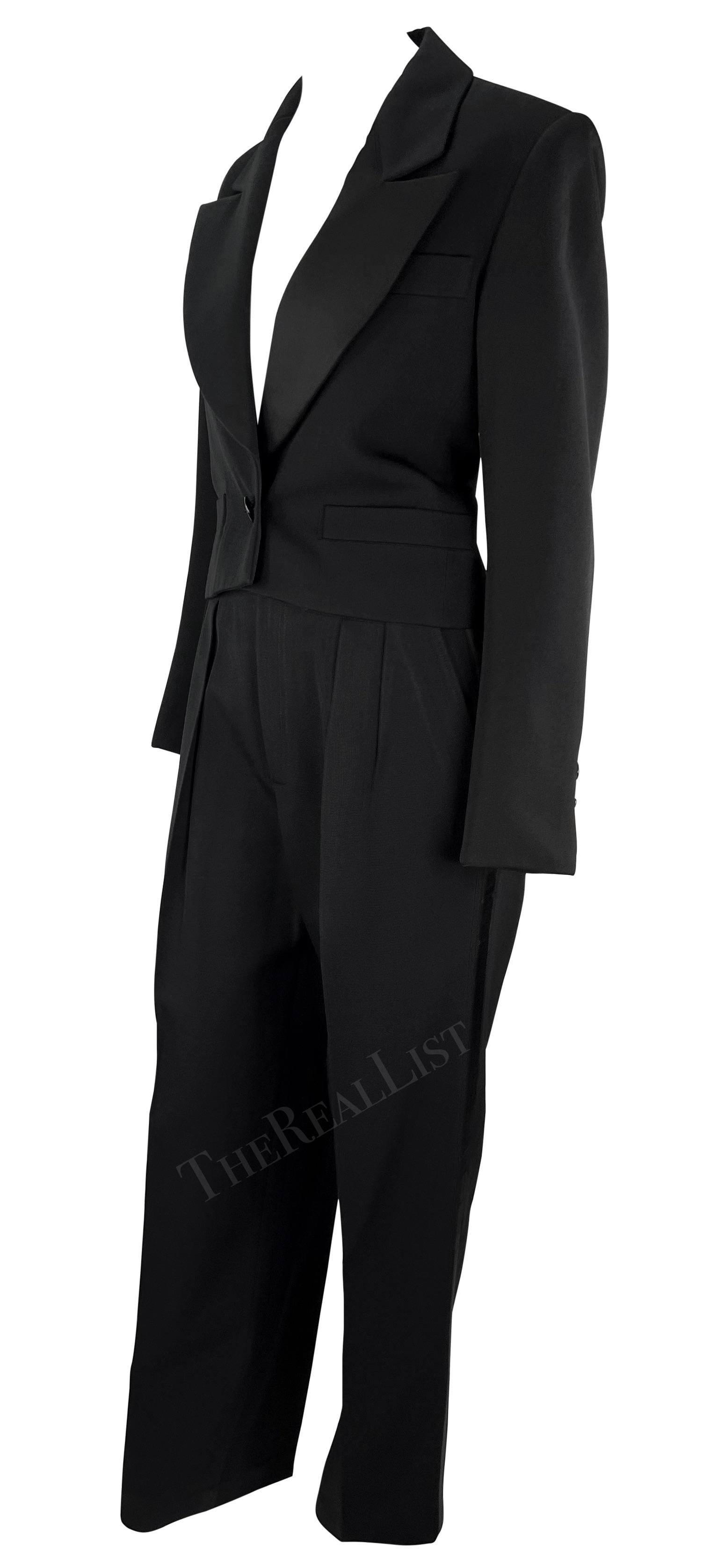 1980s Saint Laurent Rive Gauche Cropped Le Smoking Tuxedo Satin Black Pantsuit In Excellent Condition For Sale In West Hollywood, CA