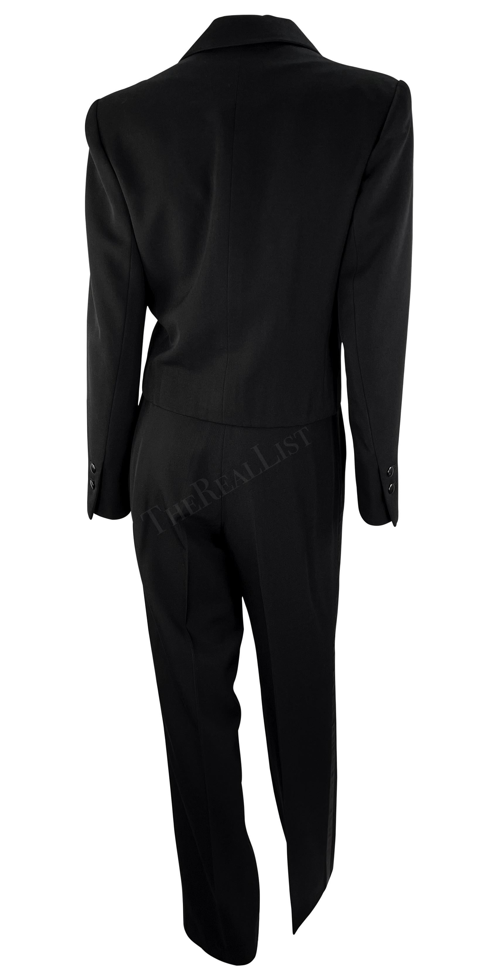 1980s Saint Laurent Rive Gauche Cropped Le Smoking Tuxedo Satin Black Pantsuit For Sale 1