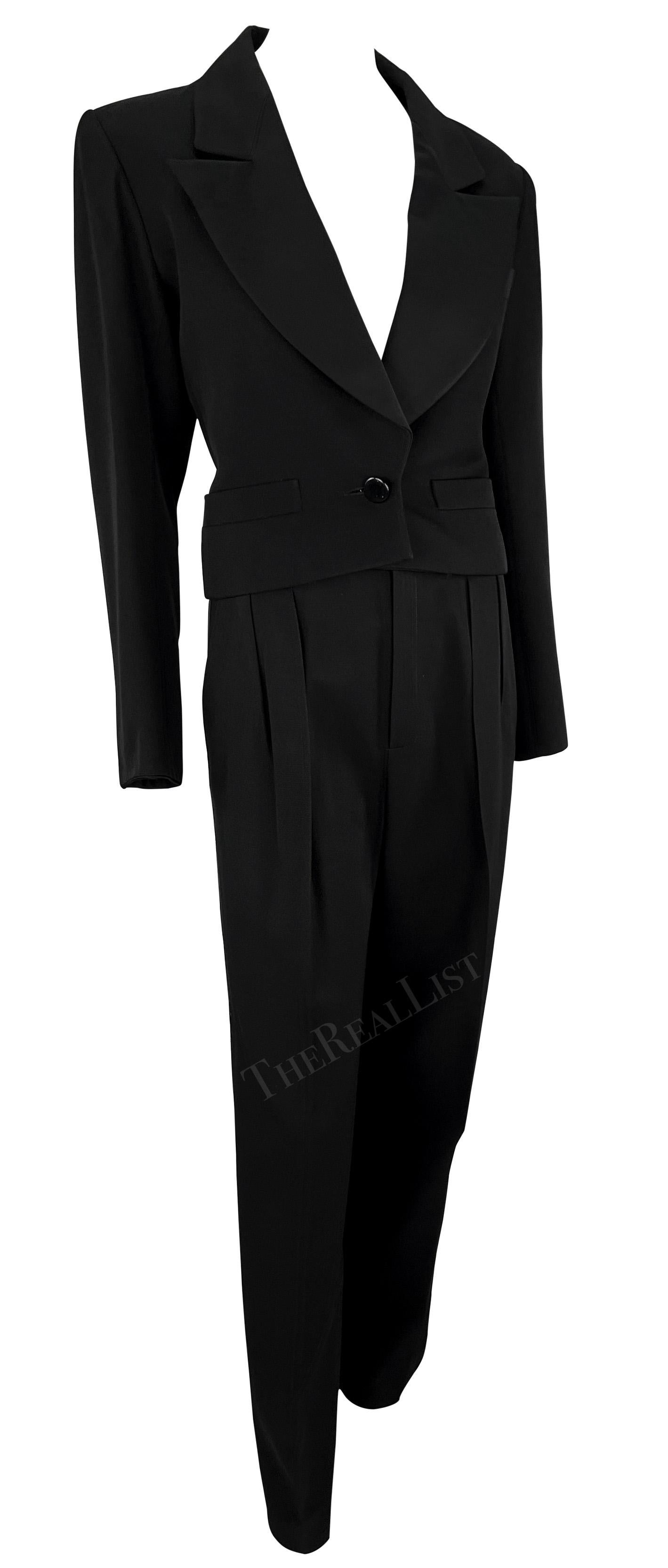 1980s Saint Laurent Rive Gauche Cropped Le Smoking Tuxedo Satin Black Pantsuit For Sale 4