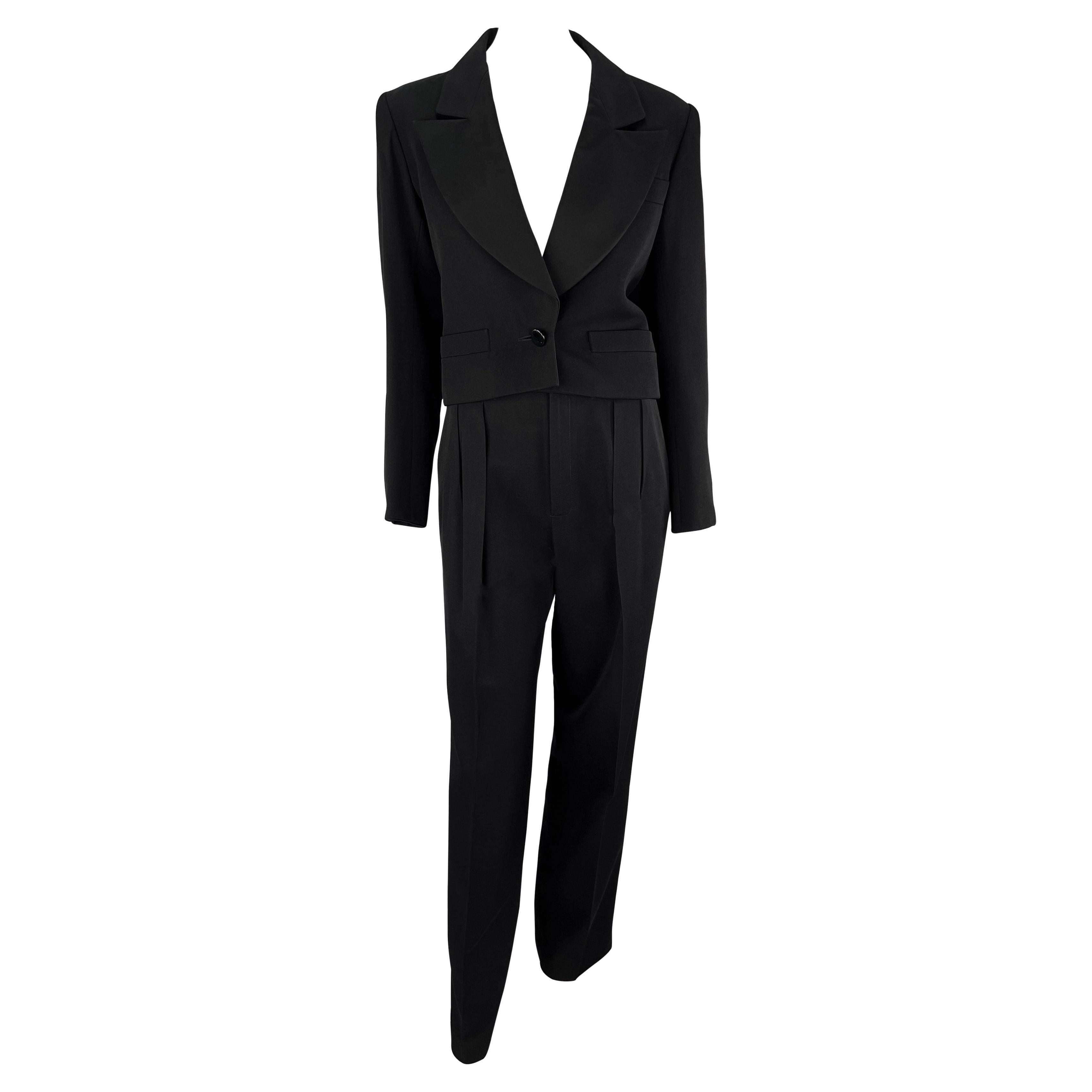1980 Saint Laurent Rive Gauche Cropped Le Smoking Tuxedo Satin Black Pantsuit en vente