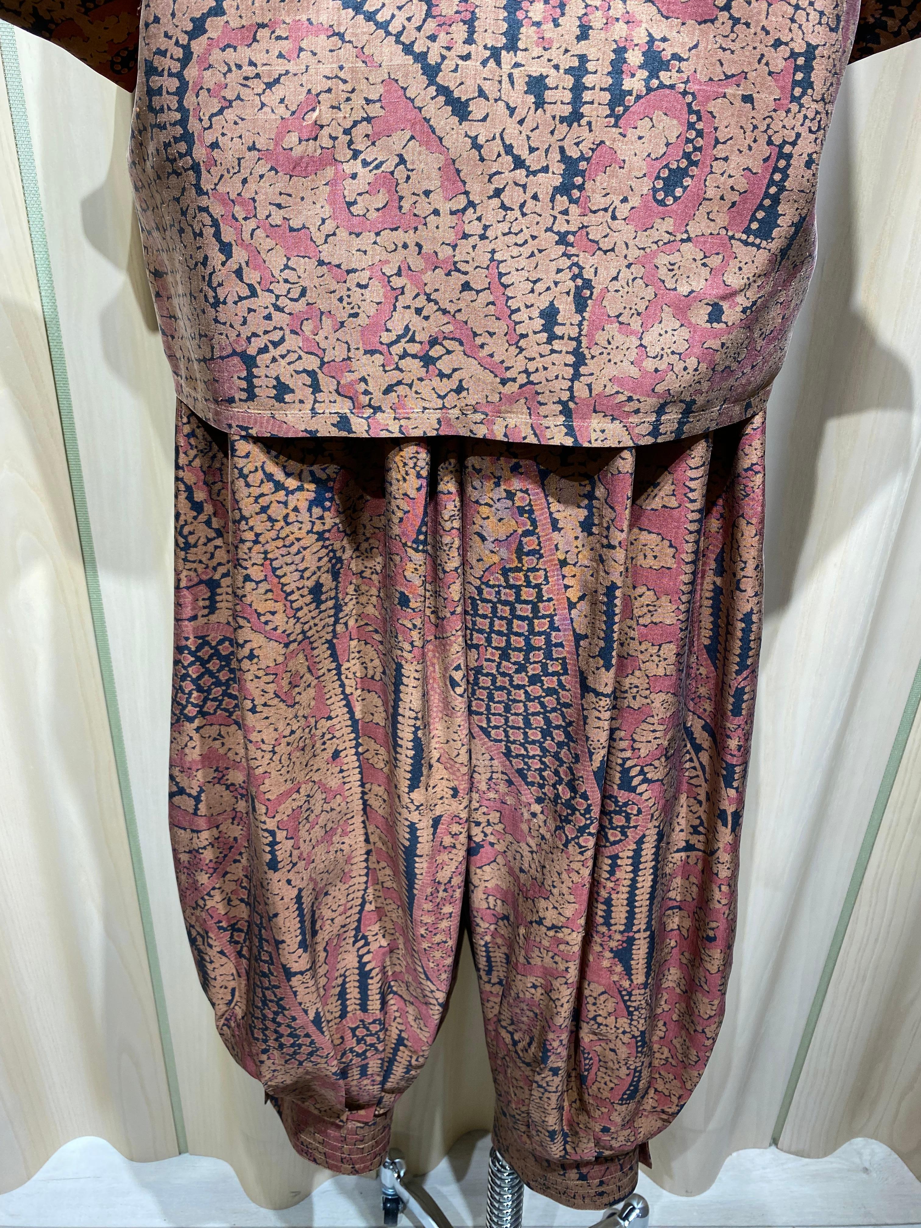 1980s Saint Laurent Rive Gauche Indian silk Print Blouse and Harem Pant set In Excellent Condition In Beverly Hills, CA