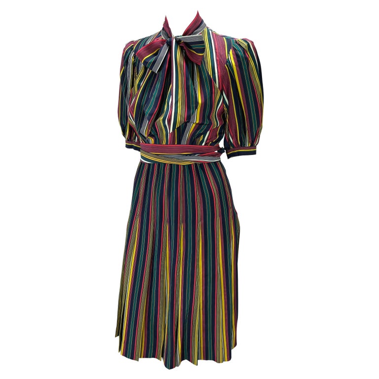 Black 1980s Saint Laurent Rive Gauche Multicolor Stripe Silk Pleated Flare Dress For Sale